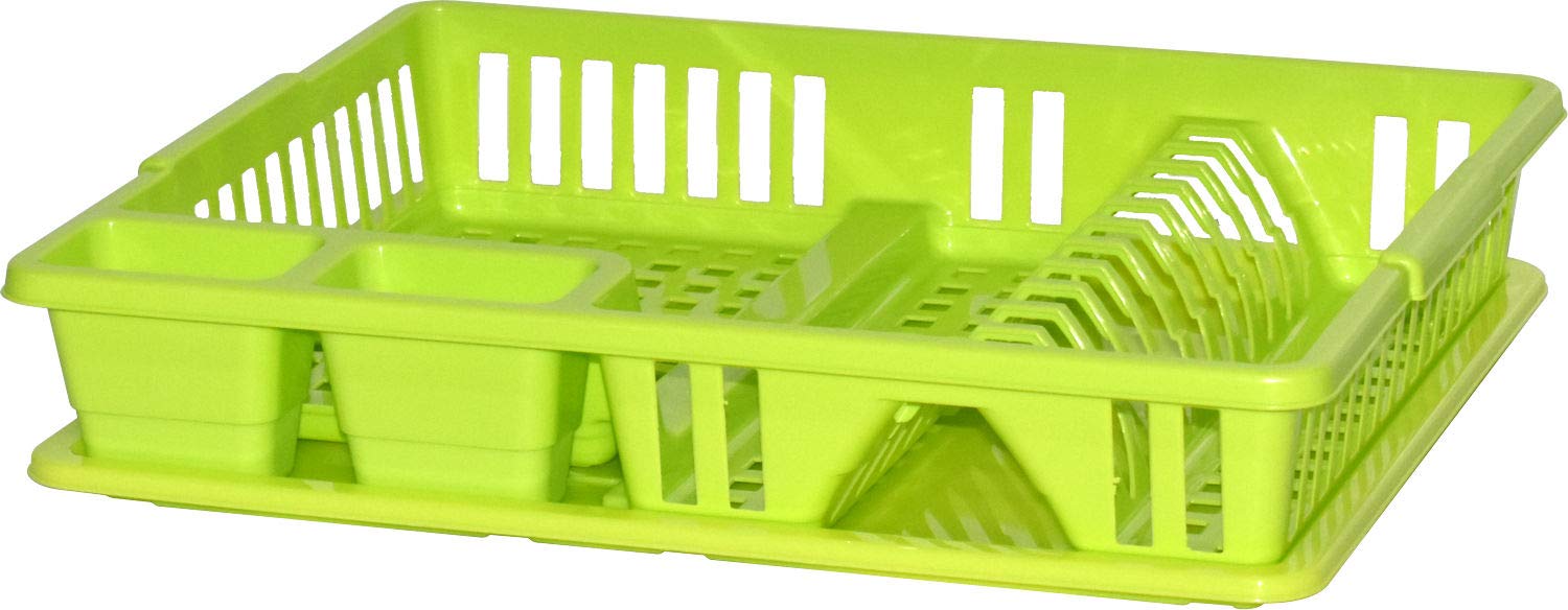 Premium Large 12 Bay Dish Drainer Rack with Drip Tray and Cutlery Holder (Lime)