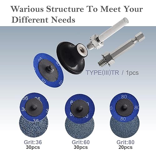 Miniatura 3 de Tshya Disco de molienda de cambio rápido, 80 unidades de discos de lijado de 2 pulgadas para accesorios de amoladora de troquel, grano 366080