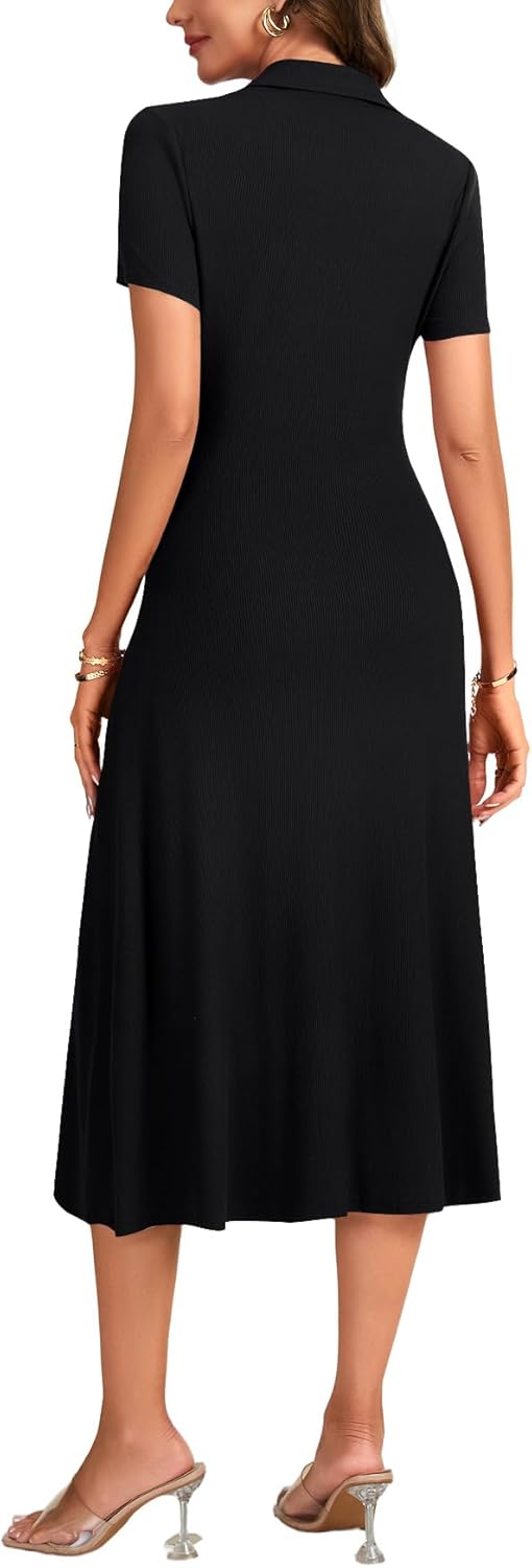 OPOIPIN Women's V Neck Slim Fit Ribbed Short Sleeve Ruffle Elegant Long Dress - Image 5