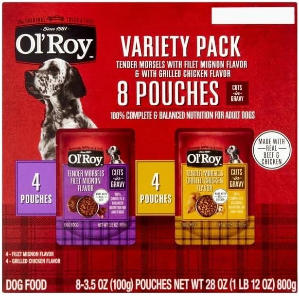 Ol's Roys Cuts in Gravy Wet Dog Food Variety Pack, Tender Morsels Filet Mignon Flavor and Tender Morsels Grilled Chicken Flavor, (2 Boxes with 8 Pouches of 3.5 oz).