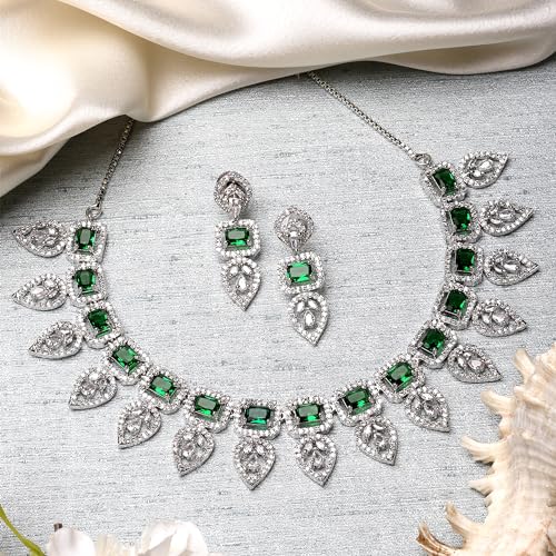 Leaf Style AD Rectangle Shaped Studded Necklace
