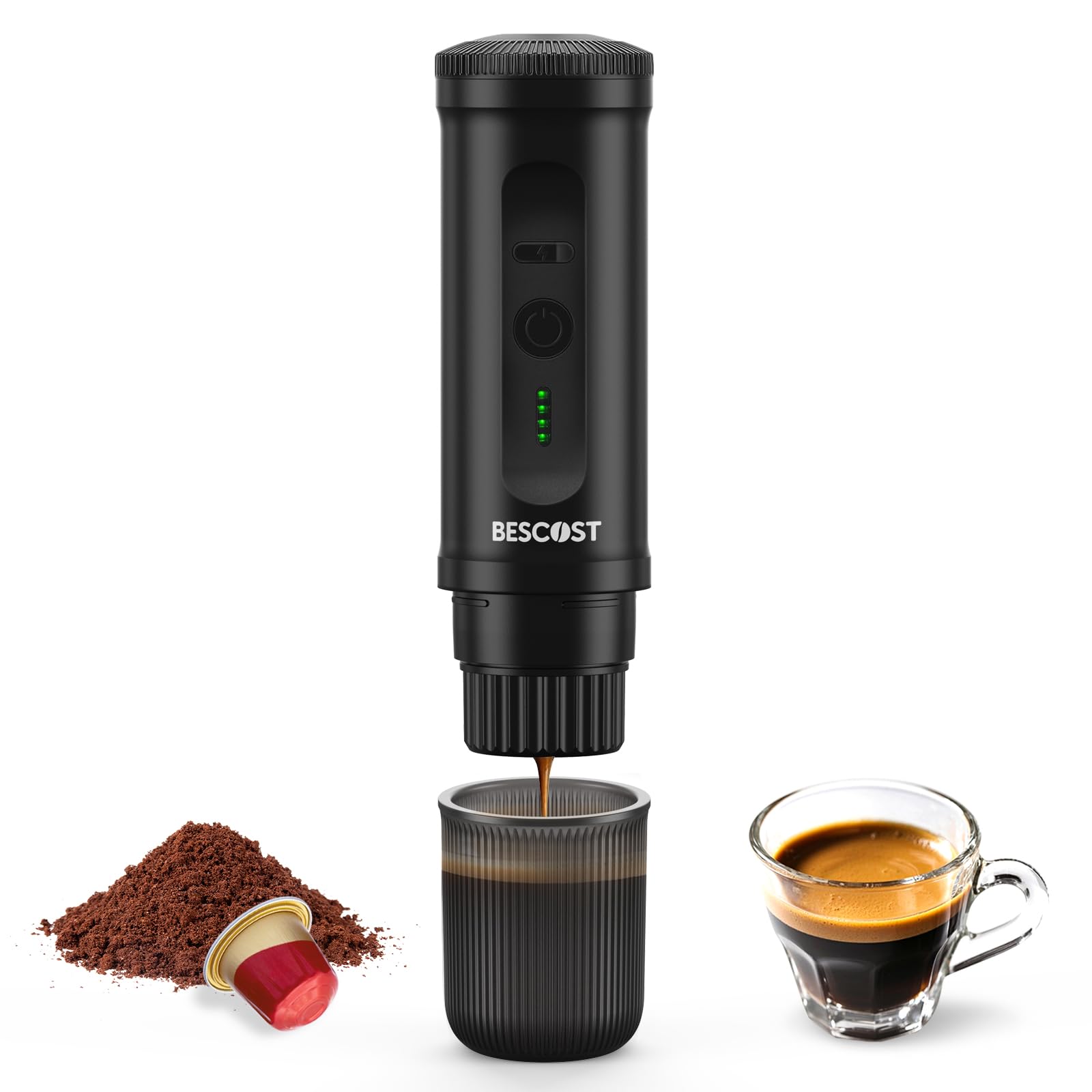 Portable Espresso Capsules Coffee Maker, 20 Bar Portable Coffee Machine, USB-C, 9600mAh, Compatible with Capsule and Ground Coffee, Heating in 3" Minute for RV, Camping, Boat, Office