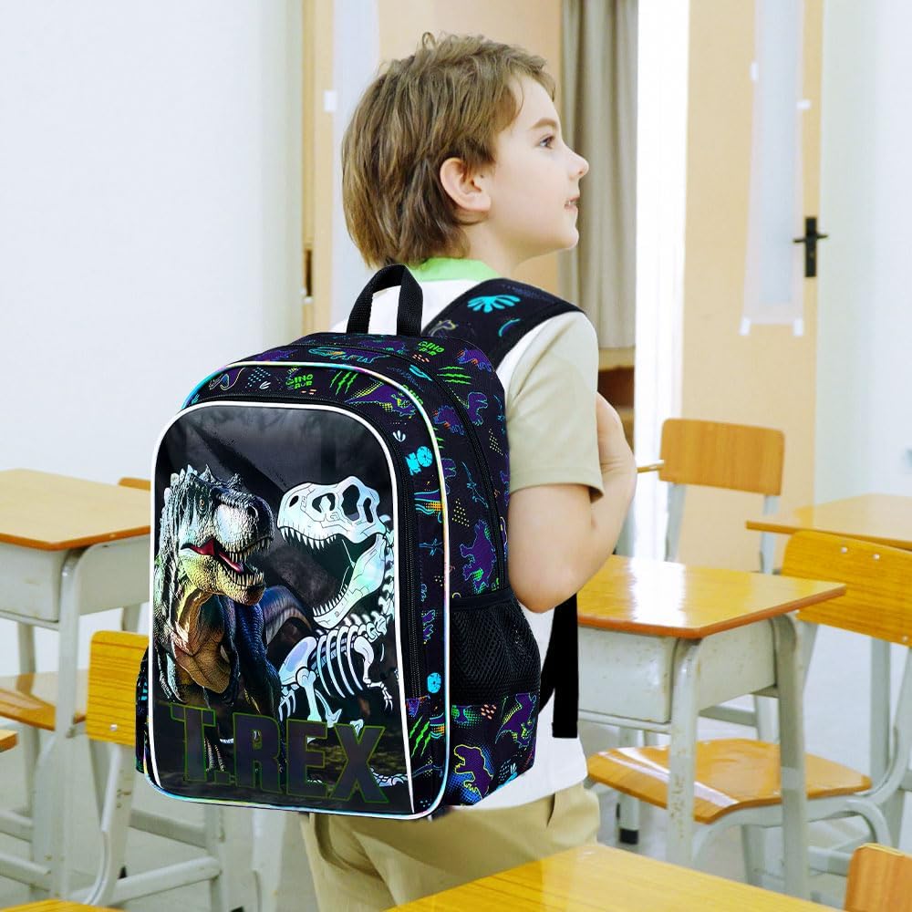 WZLVO 3PCS Dinosaur Backpack for Boys, 16" Cool UV Printing Kids Bookbag/School Bag with Lunch Box & Pencil Bag for Preschool to Elementary - T-Rex Bone
