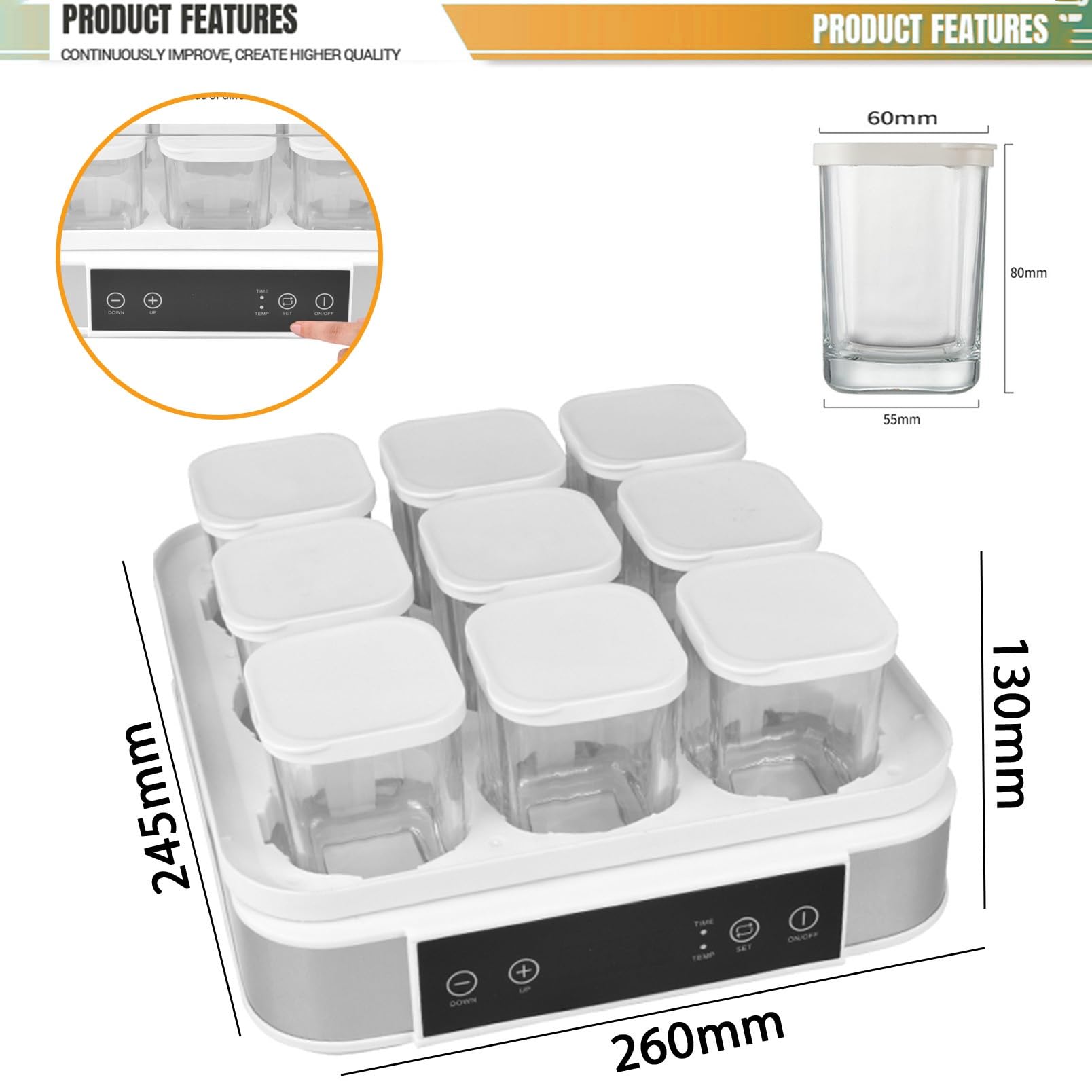 Yogurtiera Elettrica/Yogurtiera Automatica/Macchina per Yogurt Automatica con 9 Barattoli in Vetro, Display LED, Timer, Controllo Temperatura e Tempo per Yogurt Biologico Fatto in Casa