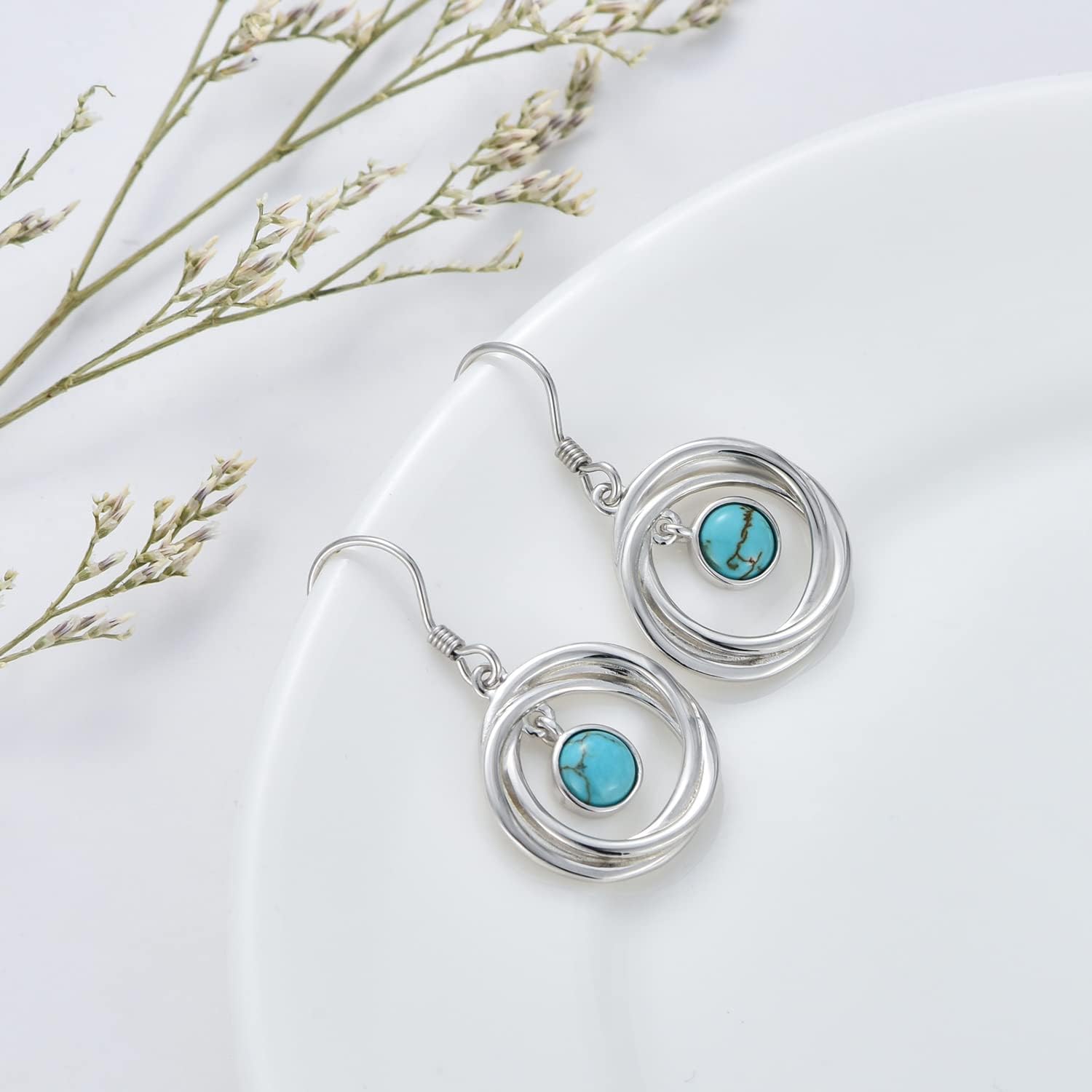 Turquoise Dangle Earrings for Women, 925 Sterling Silver Round Hoop Hypoallergenic Earrings Jewelry Gift for Women