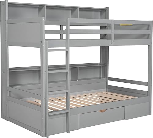 Miniatura 8 de Polibi Litera individual sobre individual con estantes integrados junto a la cama superior e inferior y cajón de almacenamiento, litera de madera de