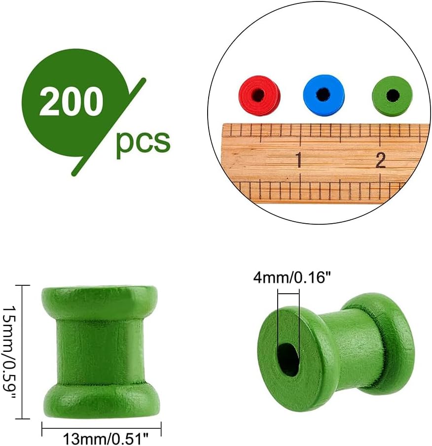 NBEADS 200 PCS Mini Dyed Wooden Empty Spools, Colorful Wooden Spools Thread Bobbin Cord Wire Sewing for Women Stitch Embroidery Floss Thread Storage