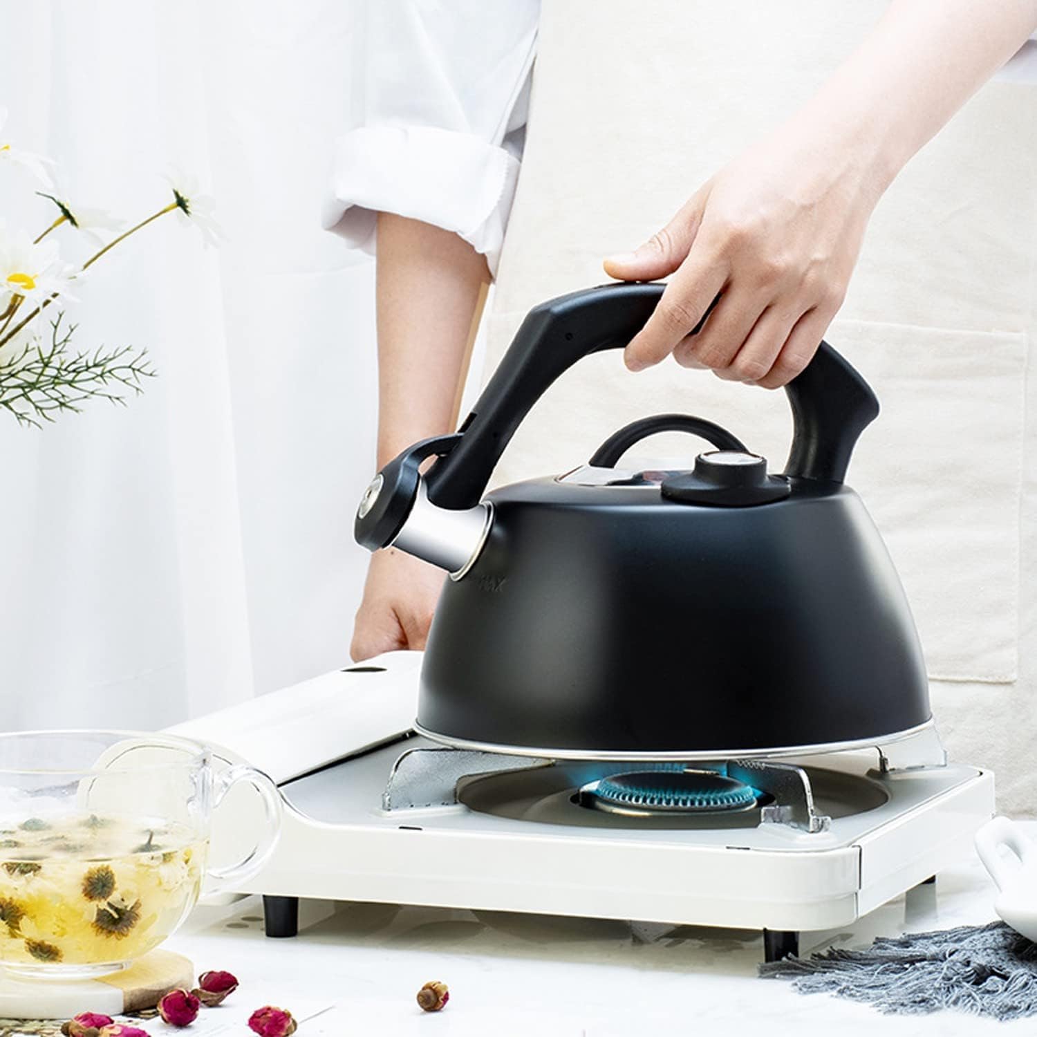 Wasserkessel Induktion Pfeifender Teekessel Aus Edelstahl Mit Temperaturanzeige, Küchenpfeifkessel, Gasherdkessel Wasserkessel Gasherd (Color : Nero, Size : 2.5L)