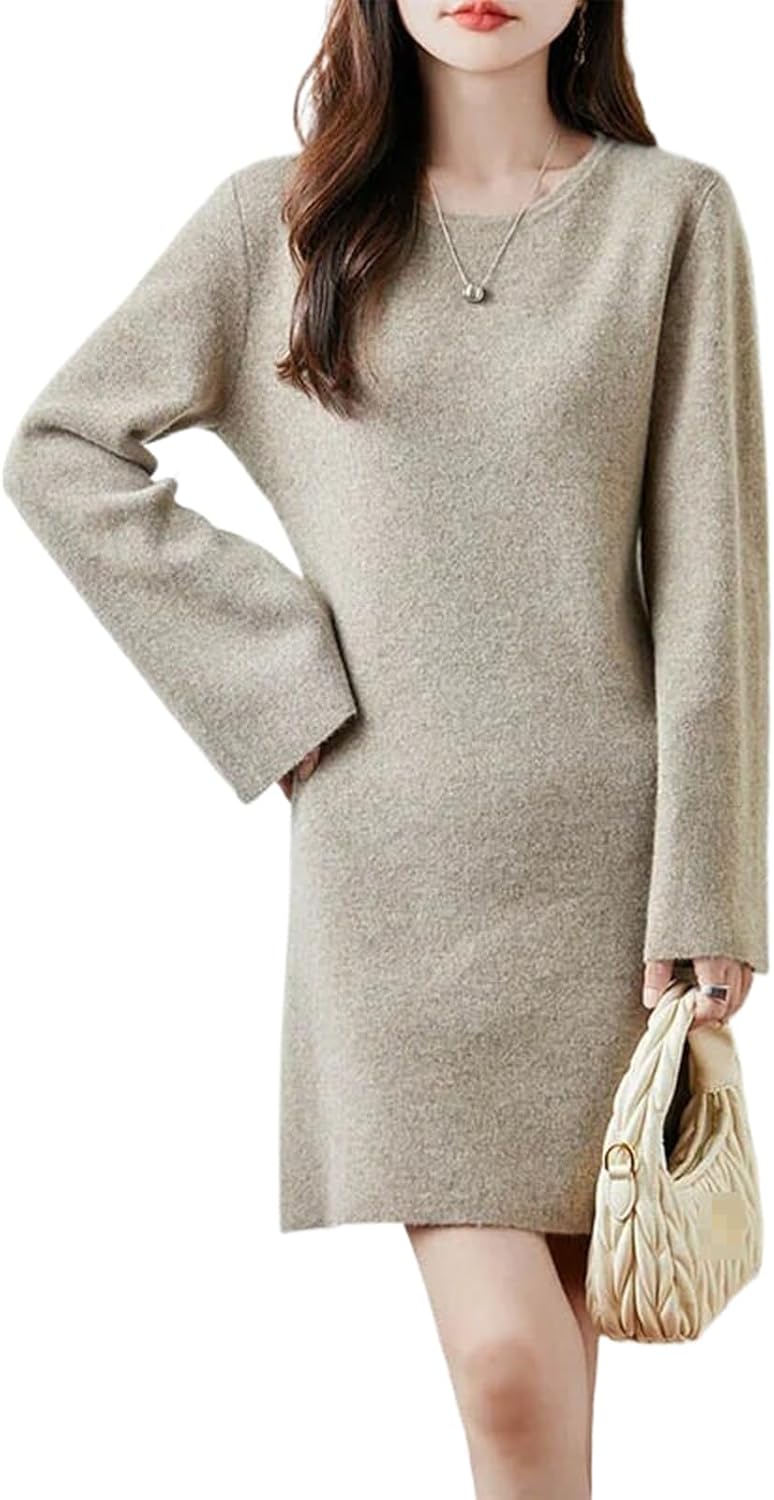Autumn Winter Women's Long Skirt Wool O-Neck Long Knitted Sweater Korean