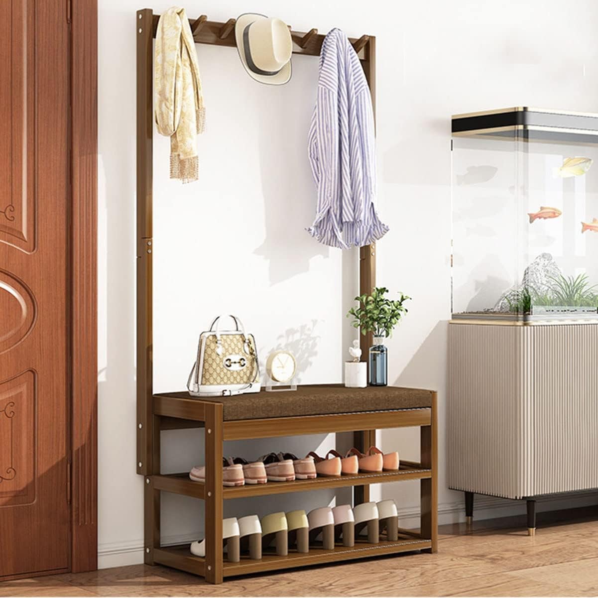 3-in-1 Hall Tree with 8 Hooks, Free Standing Coat Rack with Bench and 2-Tier Shoe Shelf Multifunctional Entryway Coat Hanger for Entrance, Hallway