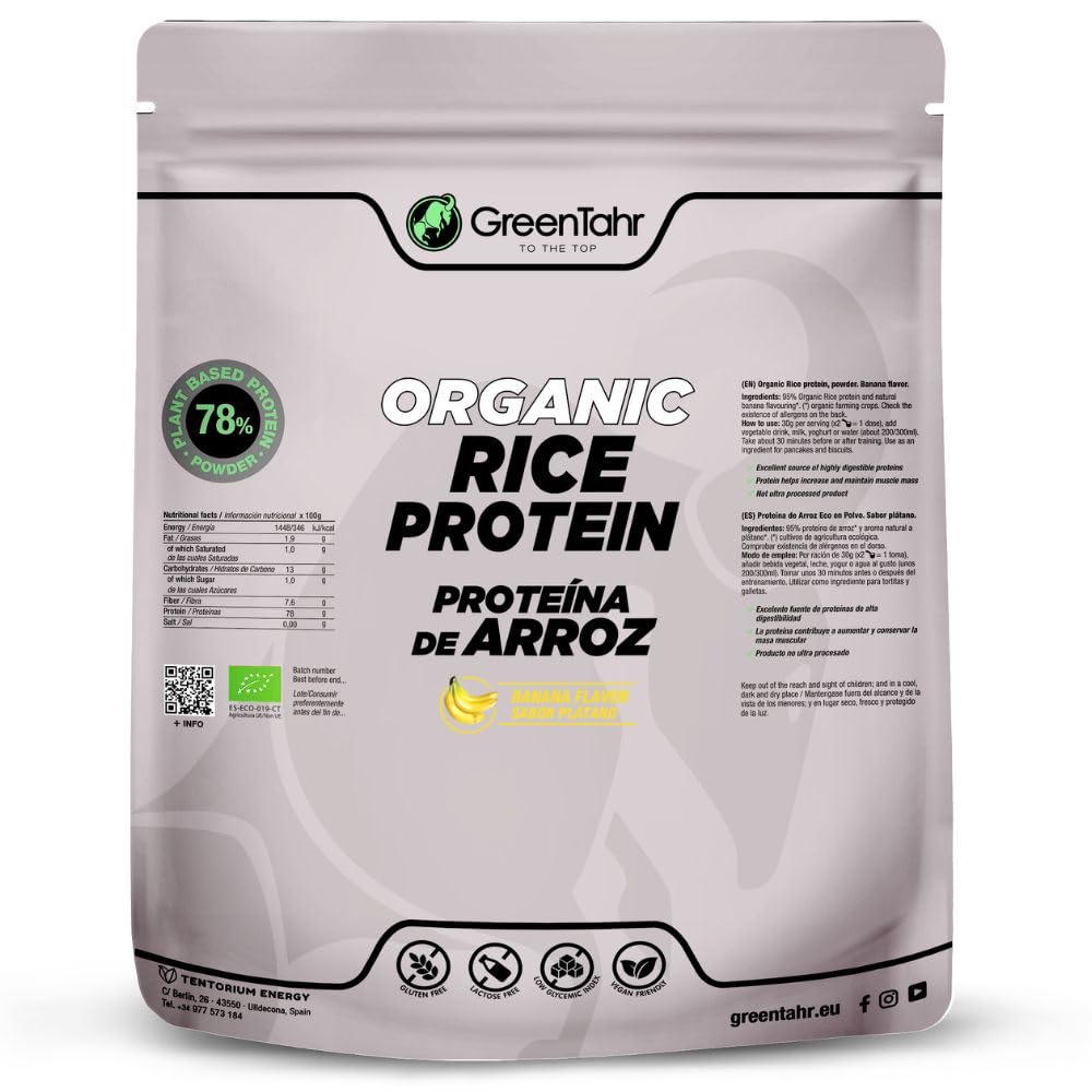 Green Tahr Proteine di Riso in Polvere Vegane Bio Gusto Banana 750g. 78% Proteine Vegetali per Massa Muscolare, Senza Zucchero, Edulcoranti, Lattosio né Glutine