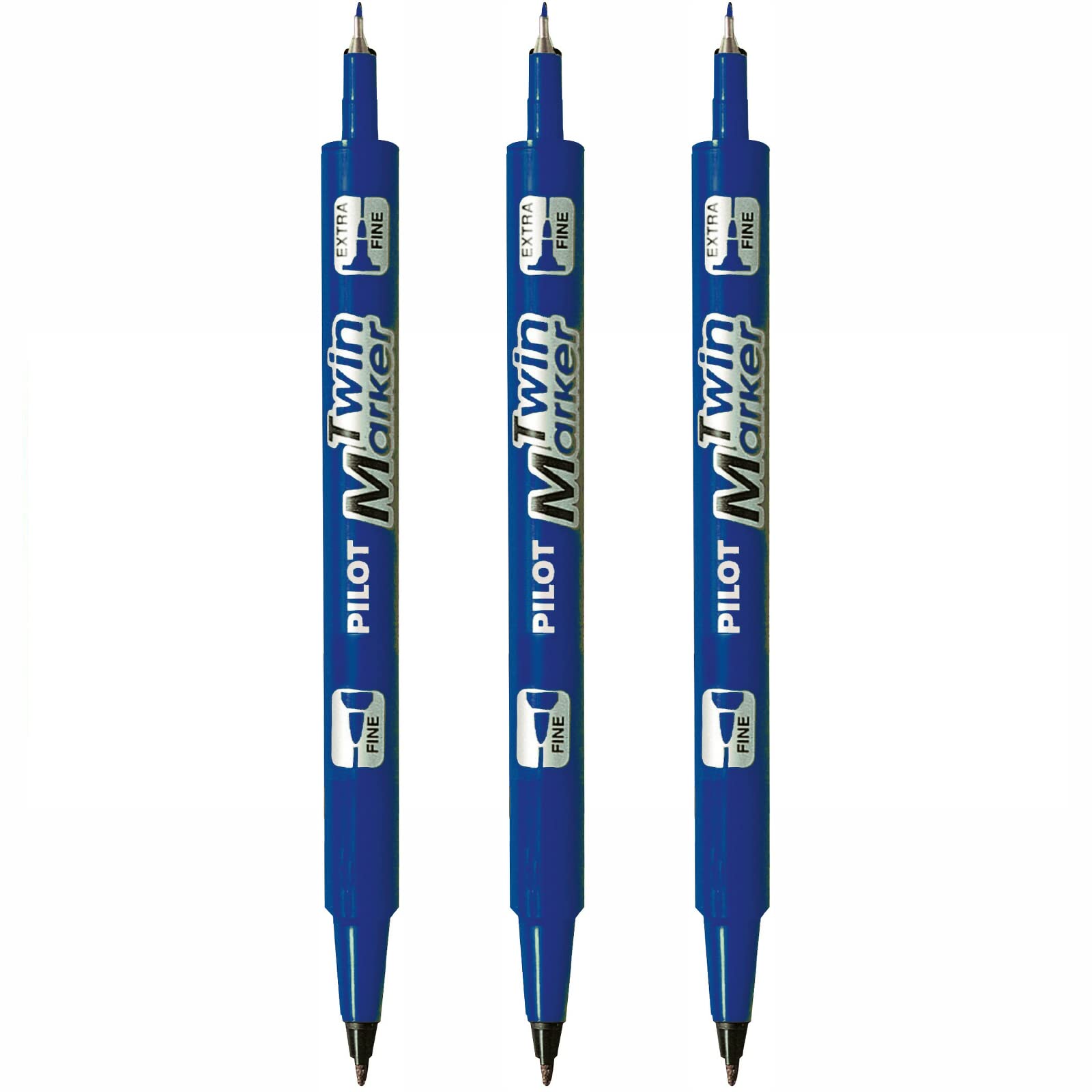 PILOT Lot de 3 Marqueurs TWIN MARKER indélibile bleue 2 pointes ogives:fine et moyenne