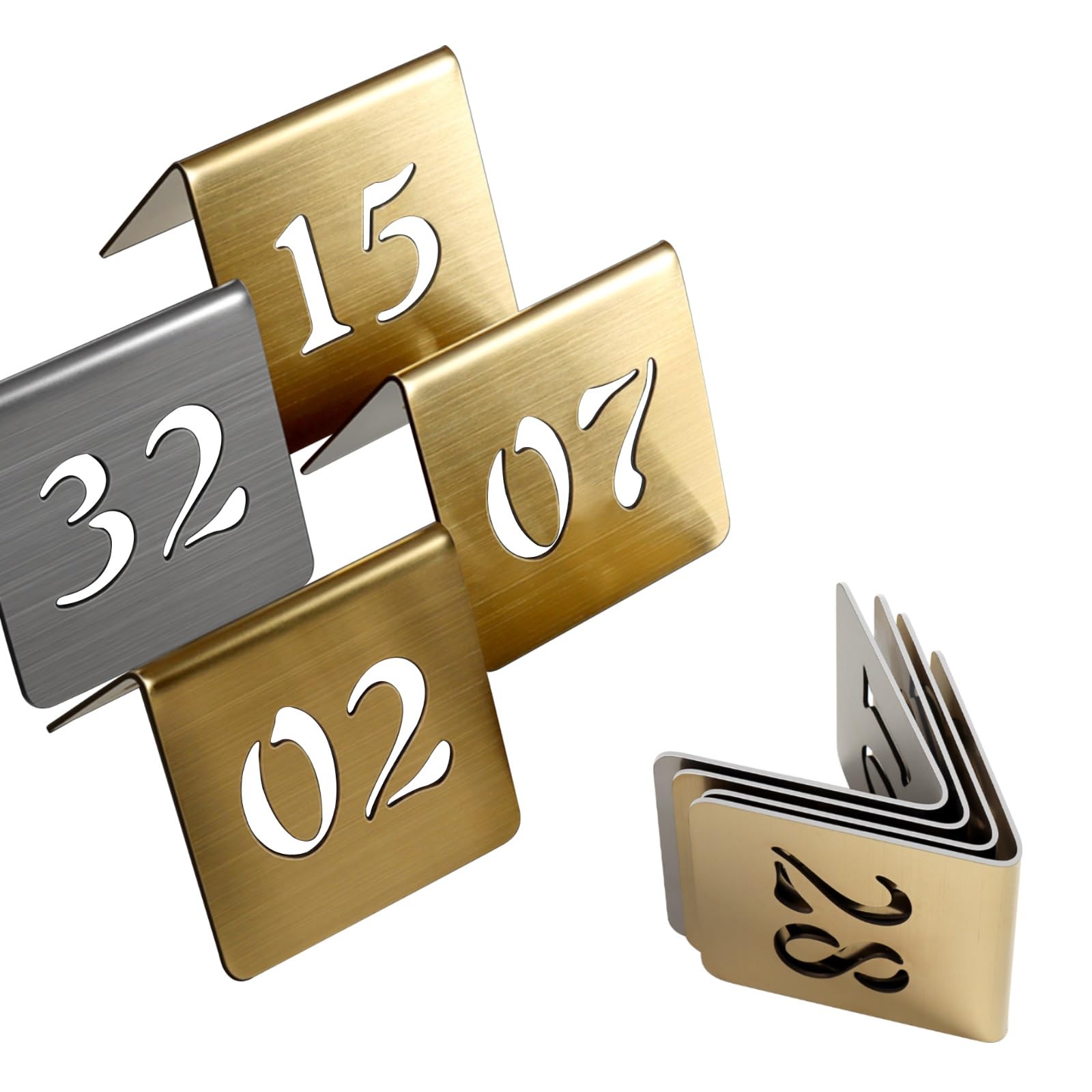 Table Number Signs, Stainless Steel Tent Style Table Numbers 1-50 Restaurant Digital Number Plate Tabletop Number Stackable, Double Sided Display of Numbers, Table Numbers Restaurant(Gold 8cm,11-15)
