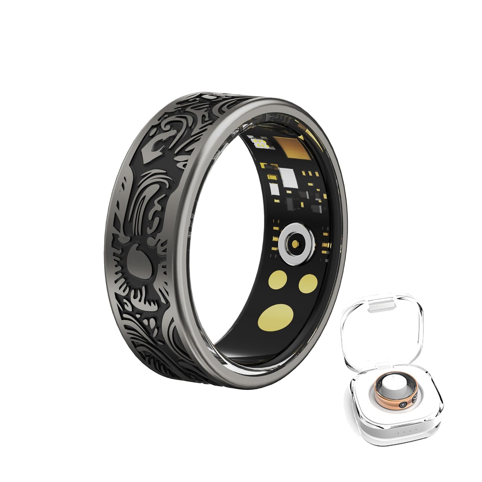 Anello intelligente in titanio con custodia di ricarica - Batteria da 7-9 giorni, impermeabile IP68, scomparto di ricarica magnetico, monitoraggio della frequenza cardiaca/sonno 24 ore su 24, 7 giorni