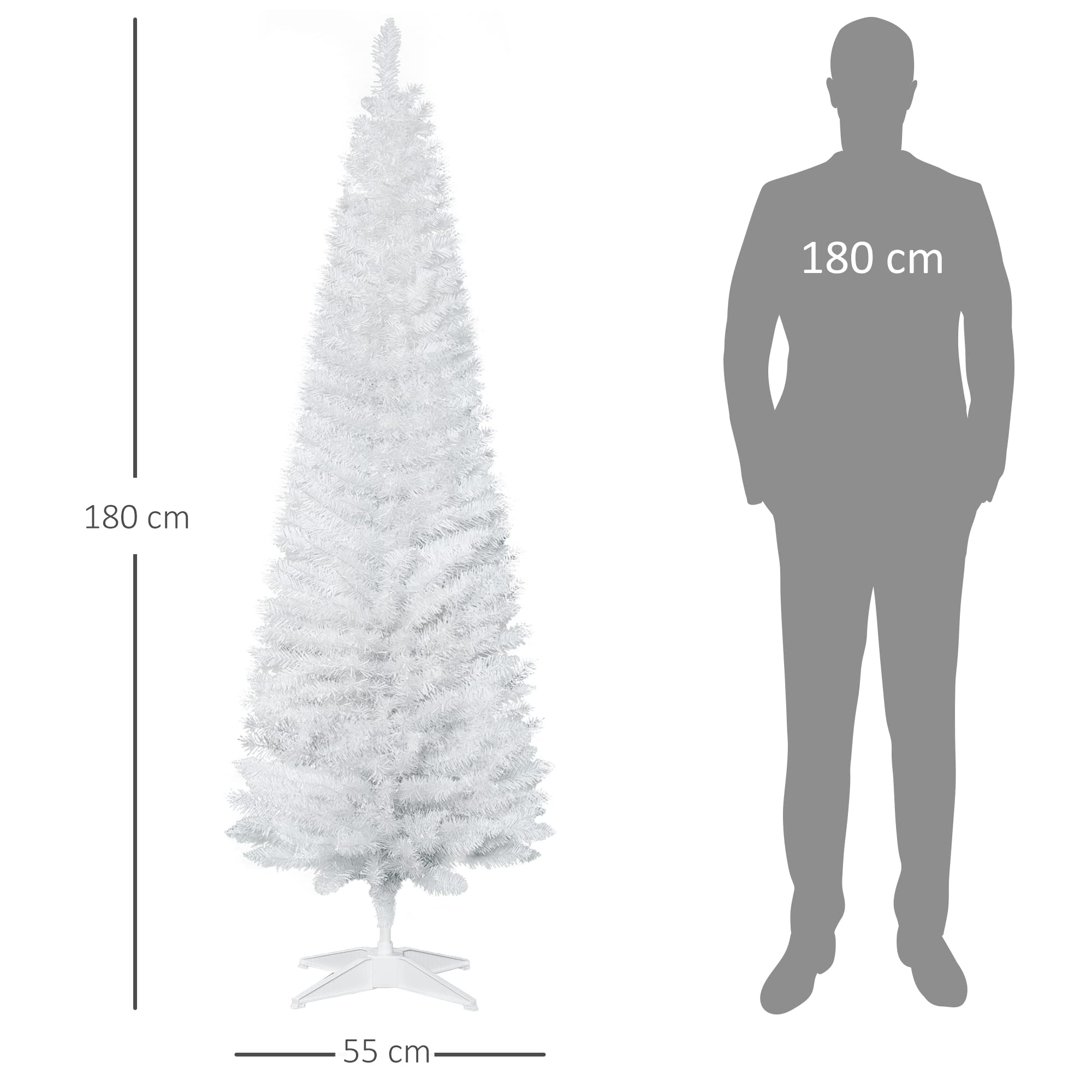HOMCOM Árbol de Navidad Estrecho 180 cm, Árbol Artificial con 390 Ramas, Base de Plástico Desmontable, Fácil Montaje, para Salón Interior, Blanco