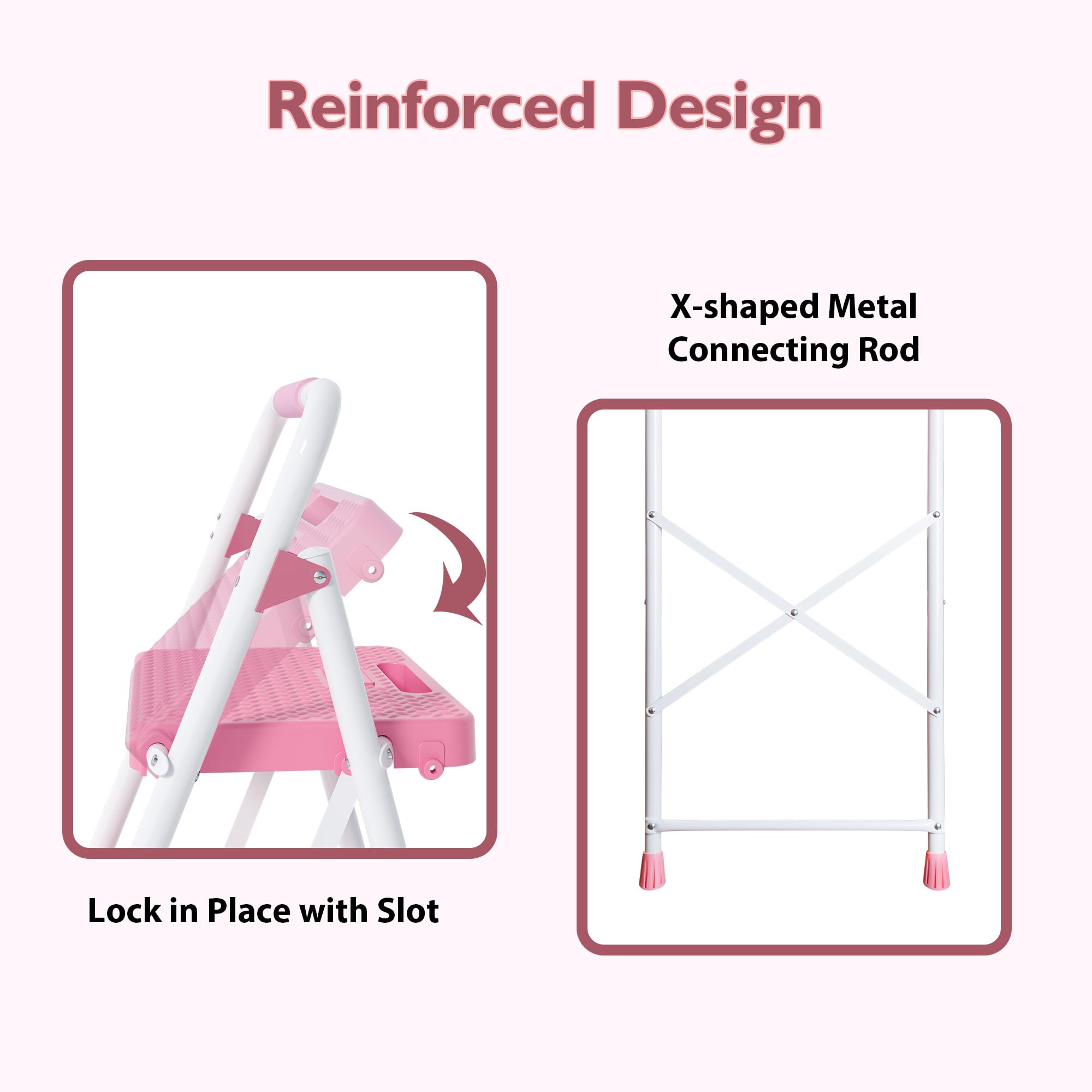 BONTEC 3-Step Ladder, Folding Step Stool, 600lbs Max Load Capacity, Sturdy Steel, Non-Slip Pedals, Lightweight, Portable Steel Ladder with Convenient Handrail, Safety Design for Home & Work, Pink