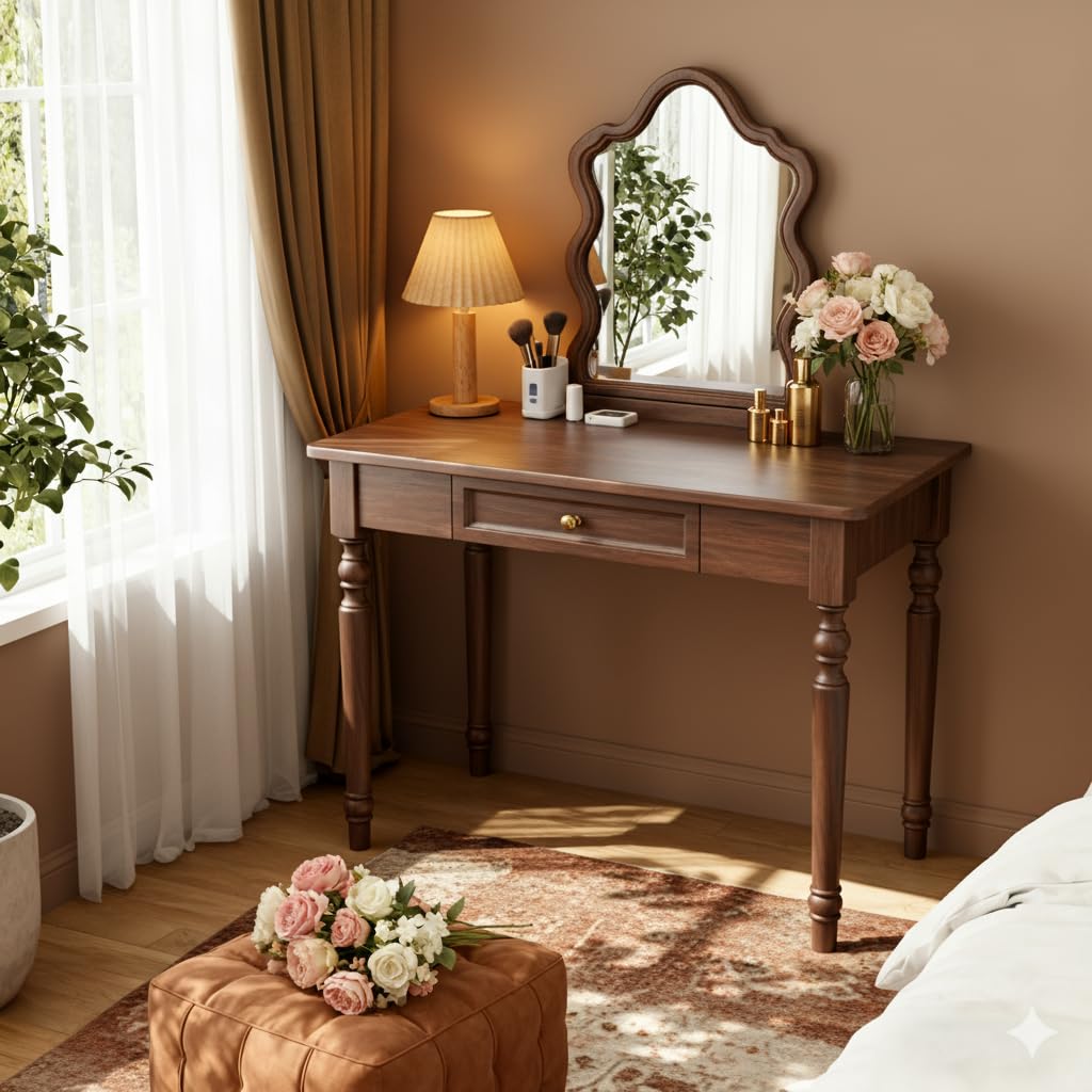 TYHRZNJJ French Country Desk, 31.5 Inch Walnut Writing Desk with Drawers, Easy Assembly SXC-D776