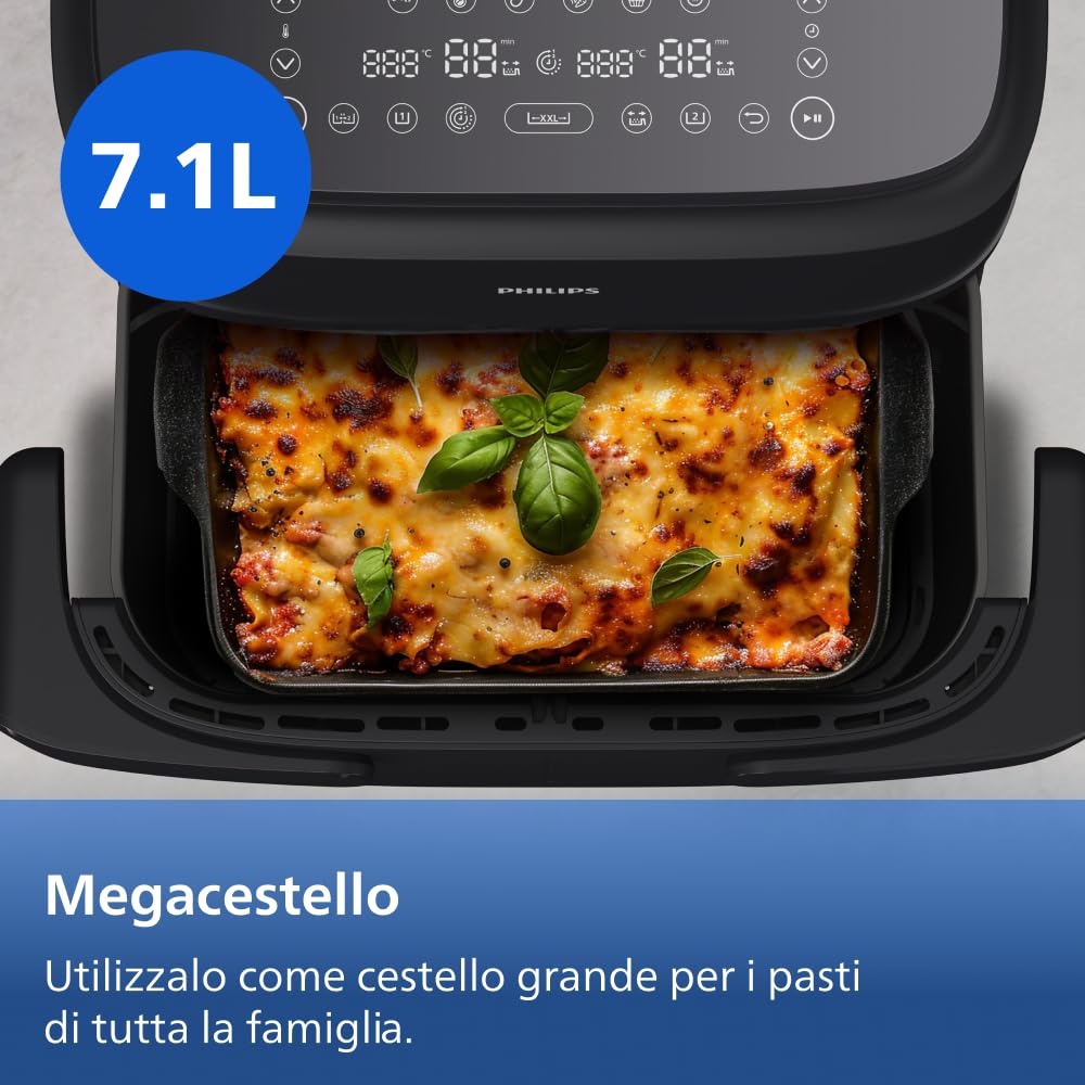 Philips Airfryer Serie 1000, Friggitrice ad aria con singolo/doppio cestello flexi da 7.1L e separatore, doppia resistenza e termostasti separati, RapidAir, 10 modalità, compatto, HomeID (NA154/00)