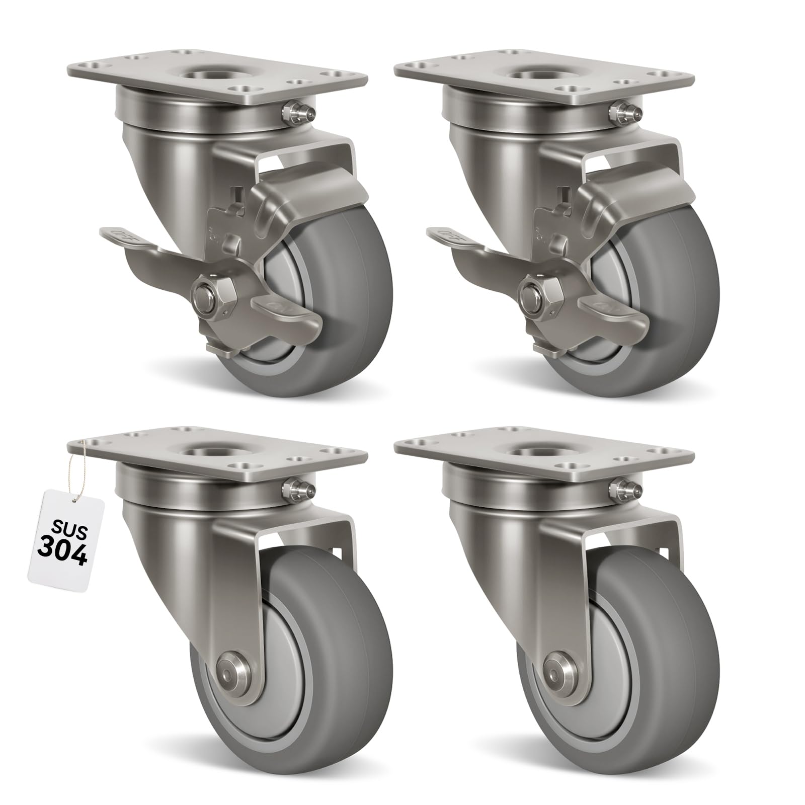 NINOSO 3" Caster Wheels, Stainless Steel Casters Set of 4 Heavy Duty, Anti-Corrosion Rubber Industrial Caster Wheels for Hospitals Food Labs(2 Brake&