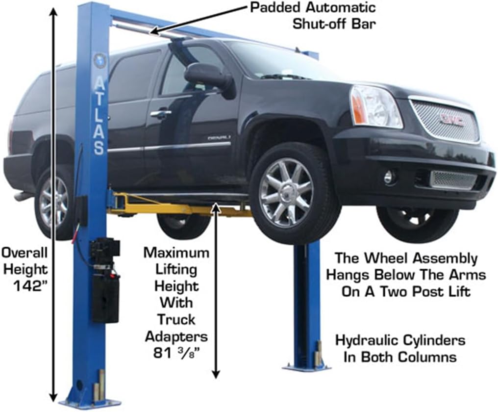 Atlas Automotive Equipment 9OHSC-SS 2-Post Vehicle Overhead Lift, 11’9” Minimum Ceiling Height, 9,000lb Capacity, Clear Floor, 11'10" Height, 3-Stage Front and 2-Stage Rear Arms, for DIY/Hobbyists
