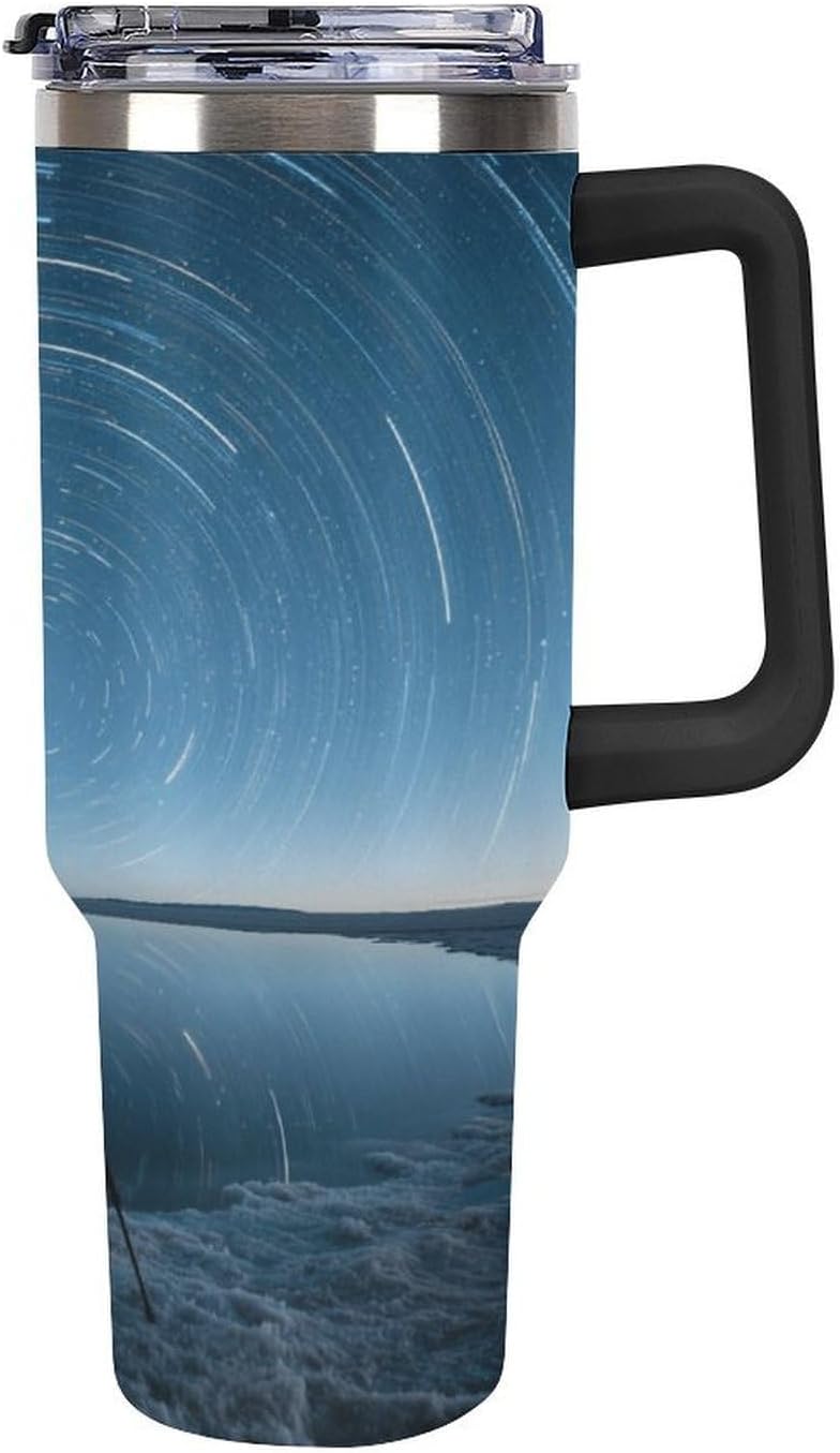 40 Oz Insulated Mug with Handle Lid And Straw Star Trails And A Tripod Pattern Large Metal Sports Bottle Great for Gifts Parties Office Coffee