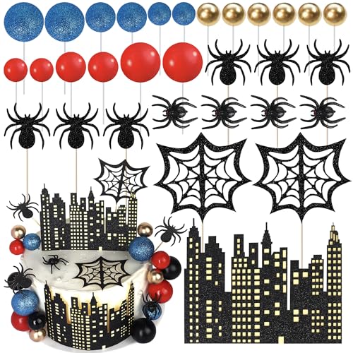 Rsstaixi Spider Cake Topper Spider Web Party Decorations Star Balls Superhero Theme Birthday Cake Decorations for Baby Shower Boys Men Birthday Party Decorations Favors
