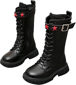 Girls Lace Up Riding Boots Mid Calf Combat Boots Fashion Waterproof PU Leather Side Zipper Punk Goth Boot 4-12.5 Years