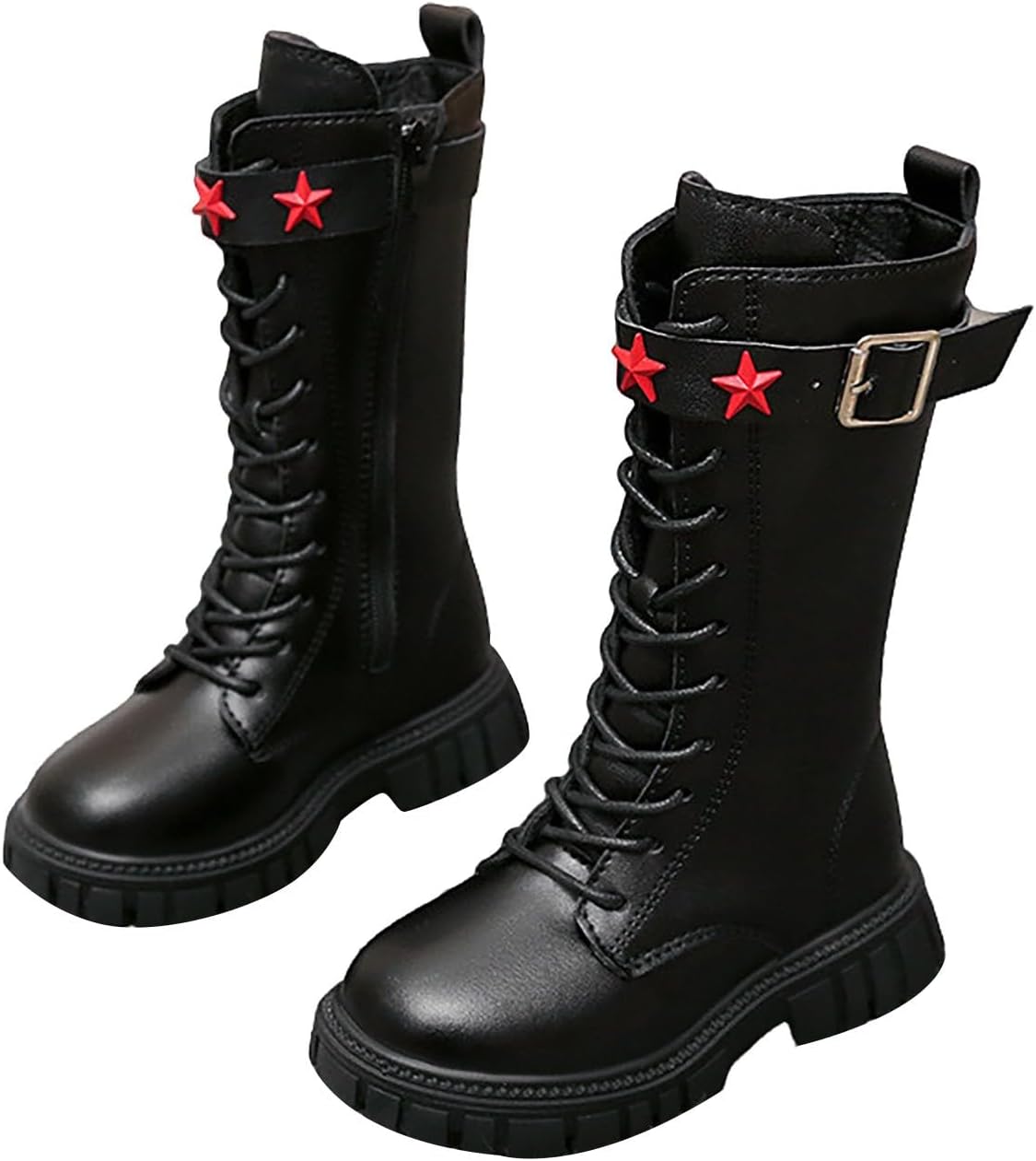 Girls Lace Up Riding Boots Mid Calf Combat Boots Fashion Waterproof PU Leather Side Zipper Punk Goth Boot 4-12.5 Years