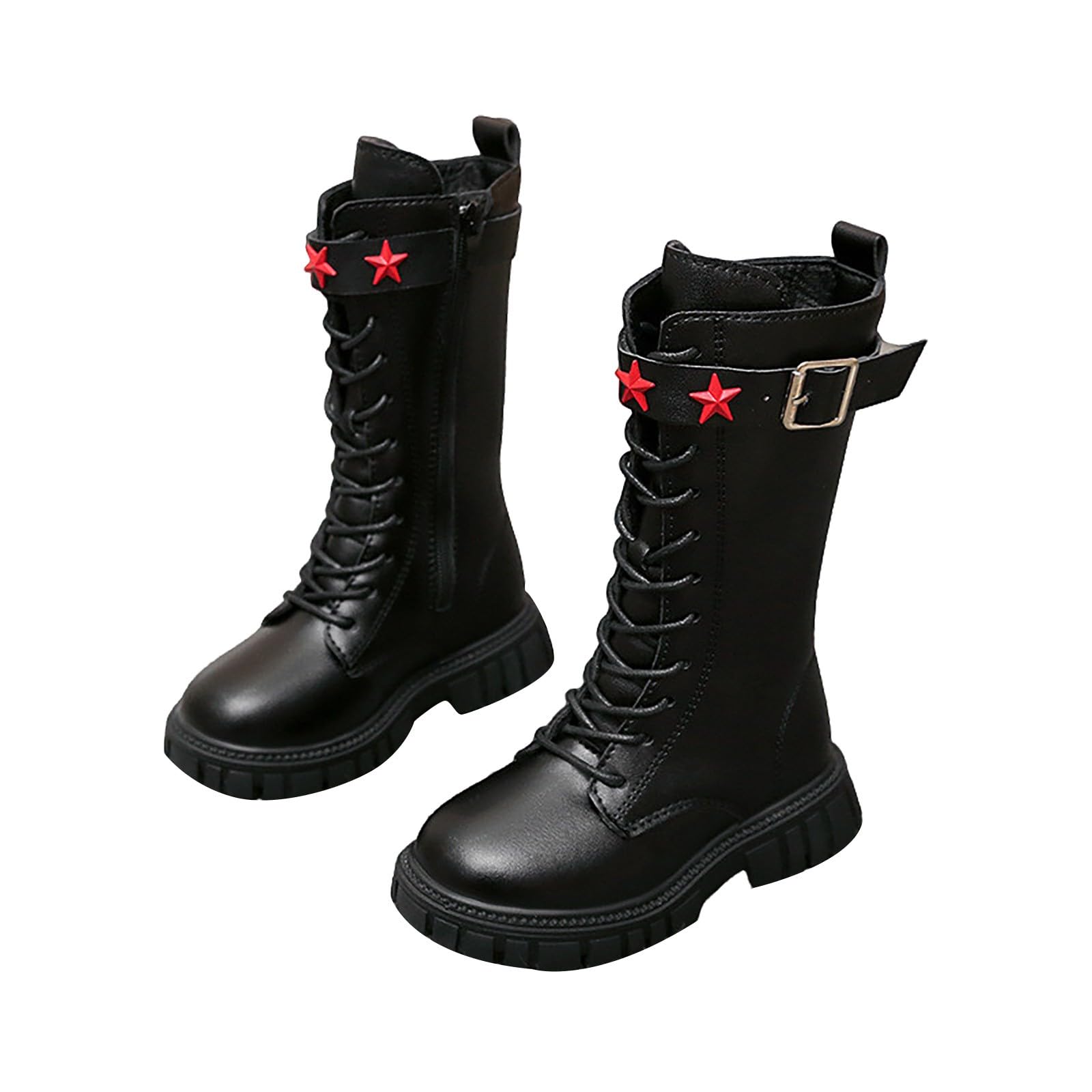 Girls Lace Up Riding Boots Mid Calf Combat Boots Fashion Waterproof PU Leather Side Zipper Punk Goth Boot 4-12.5 Years
