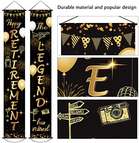 Retirement Porch Sign Door Hanging Banner, Happy Retirement Banner The Legend Has Retired Fabric Door Sign Background for Retirement Party Decoration Supplies, 71 x 12 Inches (Black and Gold)