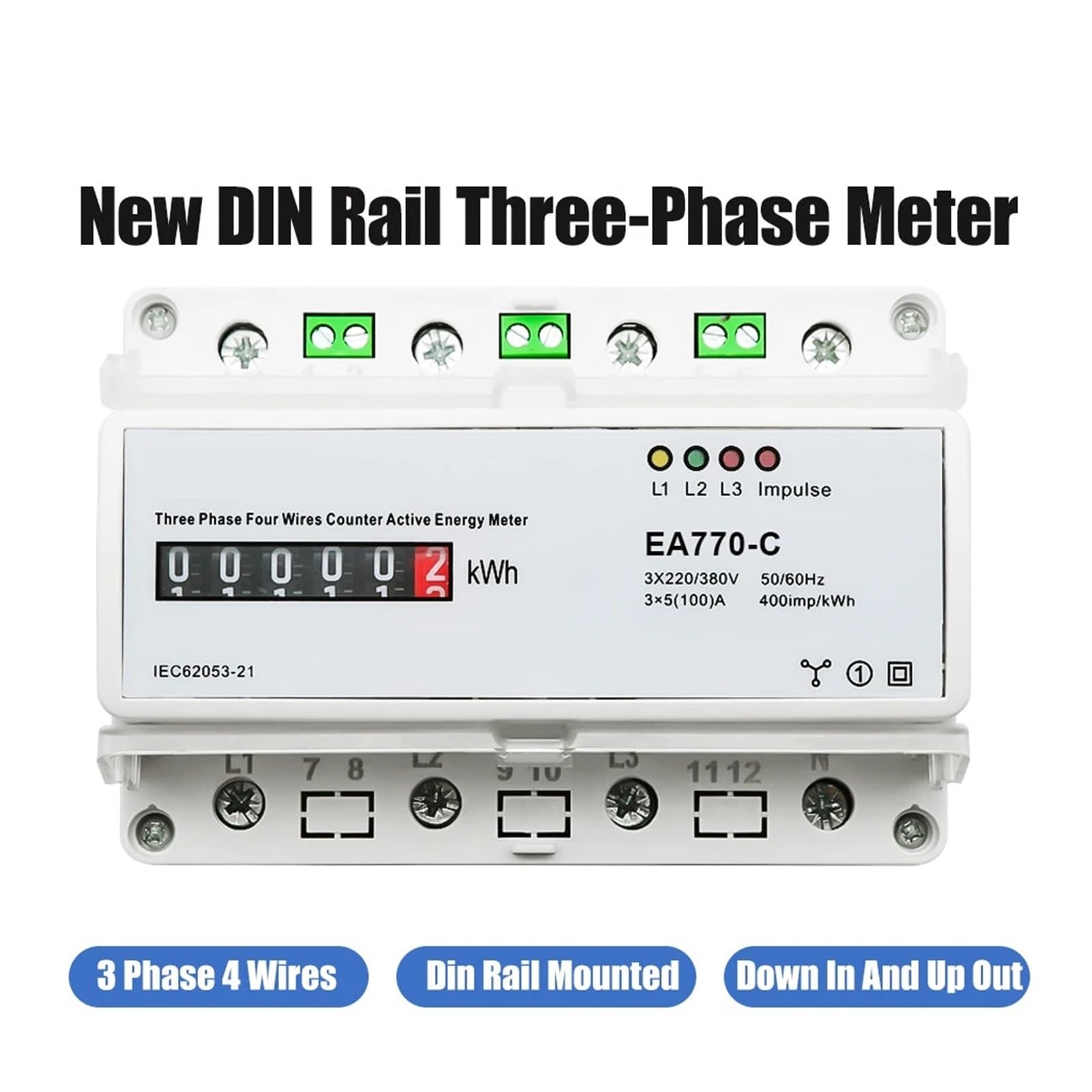 Medidor Inteligente Monitor De EnergíA Medidor De Energía Activa Electrónico Trifásico De Cuatro Cables, Monitor De Consumo De Energía KWh, Carril DIN 3 * 5(100) A 50/60Hz LCD