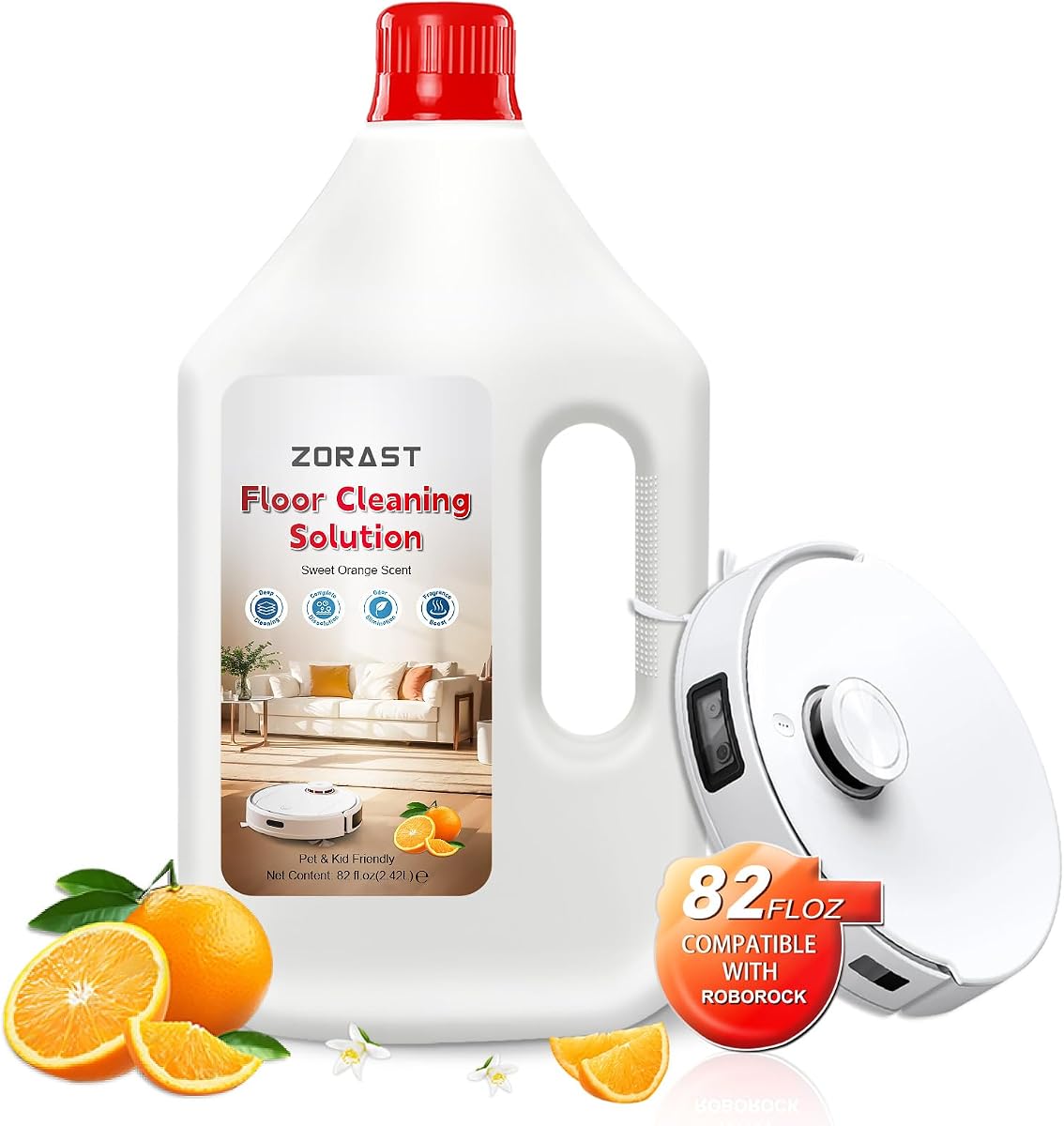 Orange Scented Floor Cleaning Solution 82 Fl Oz Compatible with Roborock | Floor Cleaner for All Robot Vacuums with Mopping & Cordless Wet/Dry Vacuum Mops, Fresh-Scented Fragrance, Residue & Streak