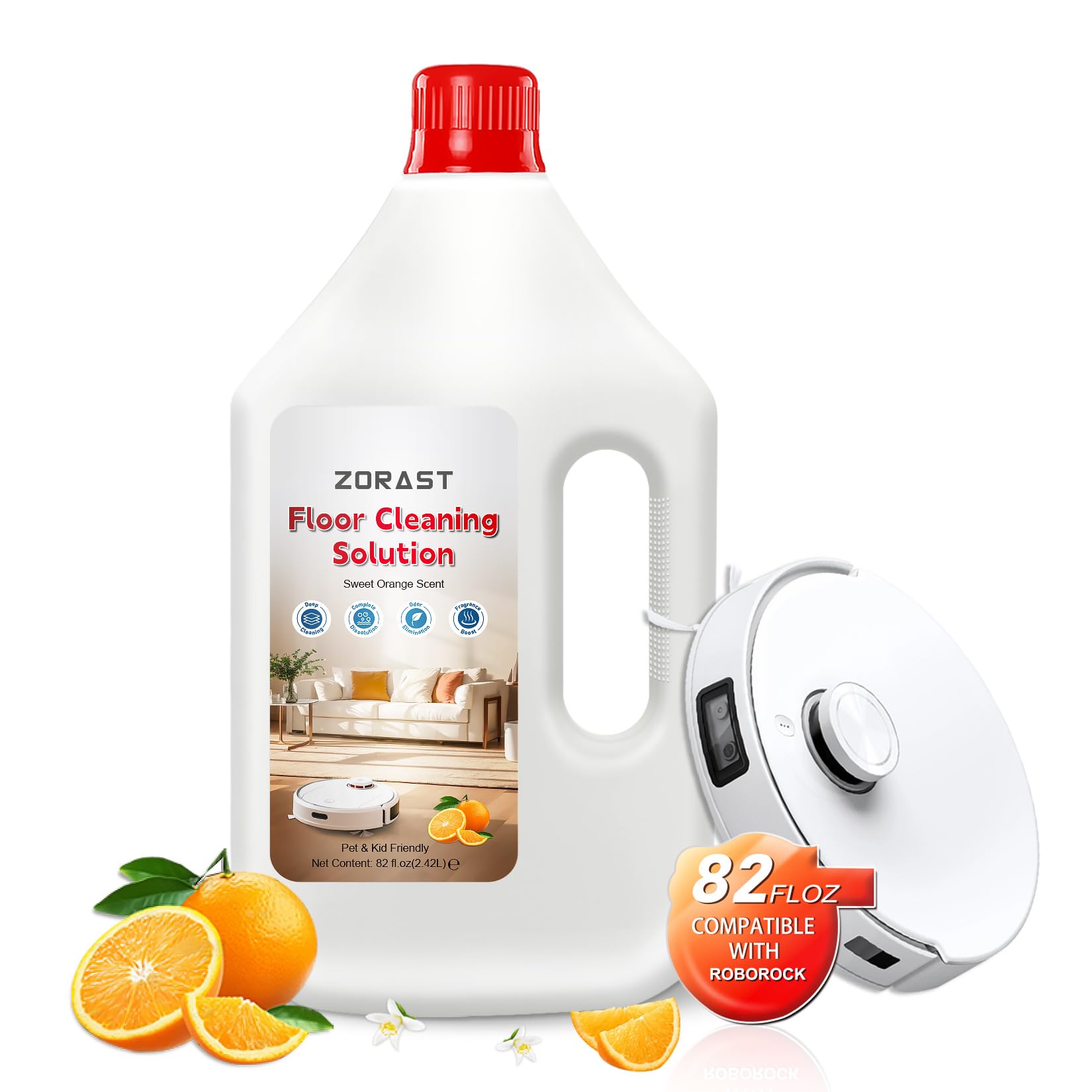 Floor Cleaning Solution Sweet Orange Scent, 82 Fl Oz, Compatible with All Roborock Mopping Robots (S7, S8, Qrevo, Q7, Q8 series), Cleans for Multiple