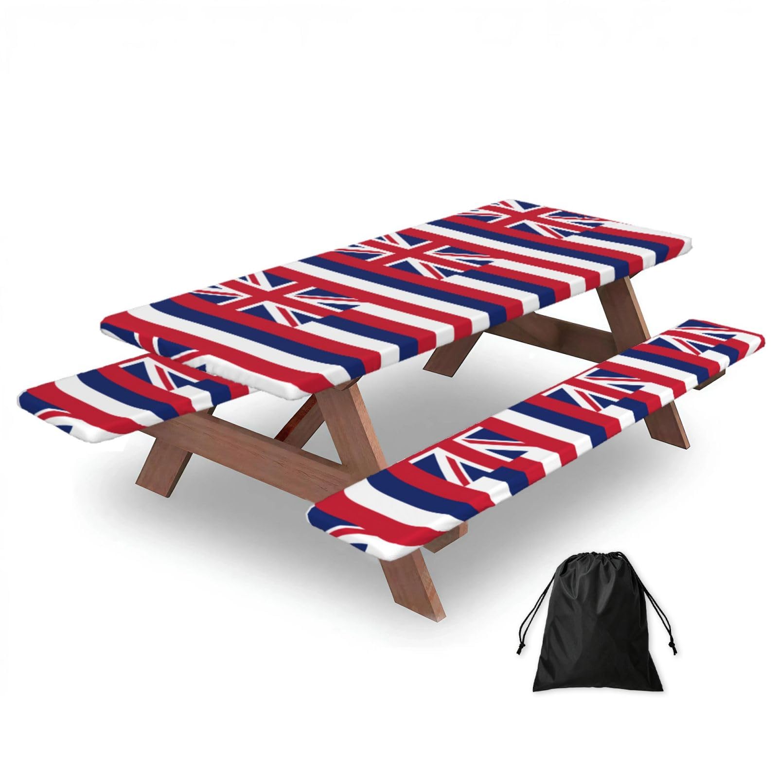 Hhbiuuo Black 72In Camping Table Cover & Bench Covers 3-Pack Set, Hawaii Flag Print Tablecloths, For Rectangle Tables Picnic