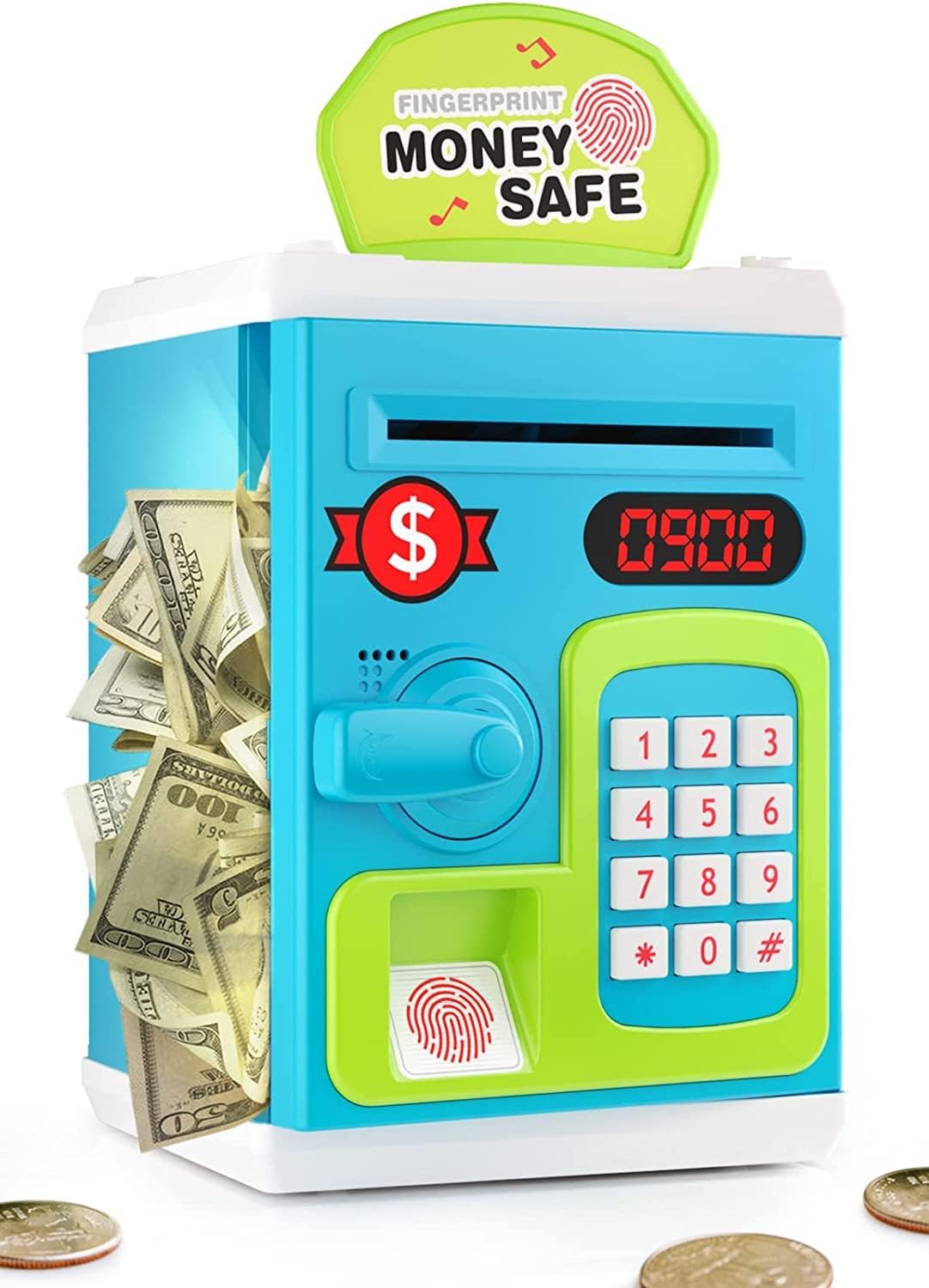Kidoyz Electronic Money Safe Piggy Bank, Password Protected with Touch Sensor, ATM Toy with Lights and Sound, Blue and White - Color As Per Stock 1