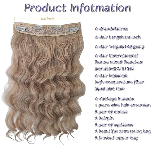 Miniatura 2 de Extensiones de cabello de alambre invisible con alambre transparente, largo, ondulado, 24 pulgadas, cabello sintético con 4 clips de seguridad,