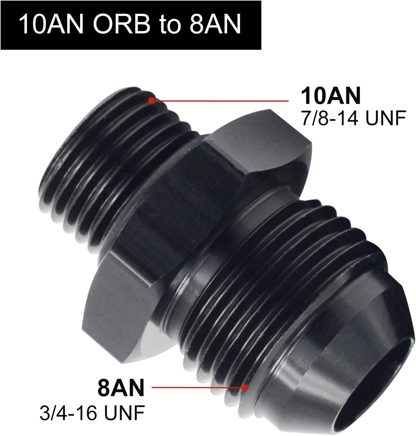 8AN Male Flare to AN10 ORB O-Ring Straight Boss Fuel Pump Rail Fitting Adapter Aluminum Black 2PCS