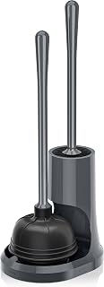 uptronic Toilet Plunger and Silicone Brush, Silicone Brush and Heavy Duty Toilet Plunger Set with Holder, 2-in-1 Bathroom Cleaning Combo with Modern Caddy Stand (Grey)