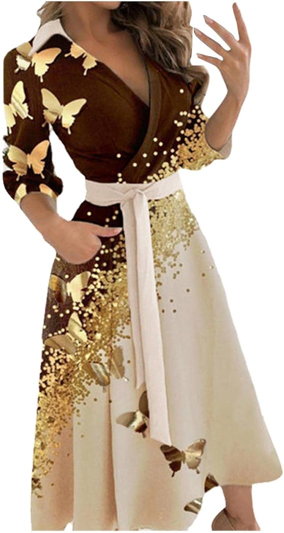 Amazon Co Jp レディース ワンピース Sabwery プリント 折り襟 七分袖 ワンピース Aライン ミモレ丈 ロング チュニック 着痩せ ハイウェスト リボン カジュアル 森ガール 洋服 オシャレ きれいめ オフィス 通学 お出かけ シューズ バッグ