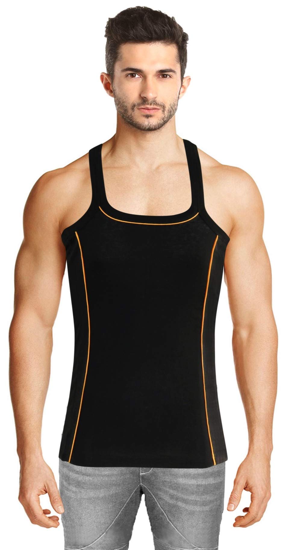 Knito Men's Cotton Gym Vest Black_YellowLines
