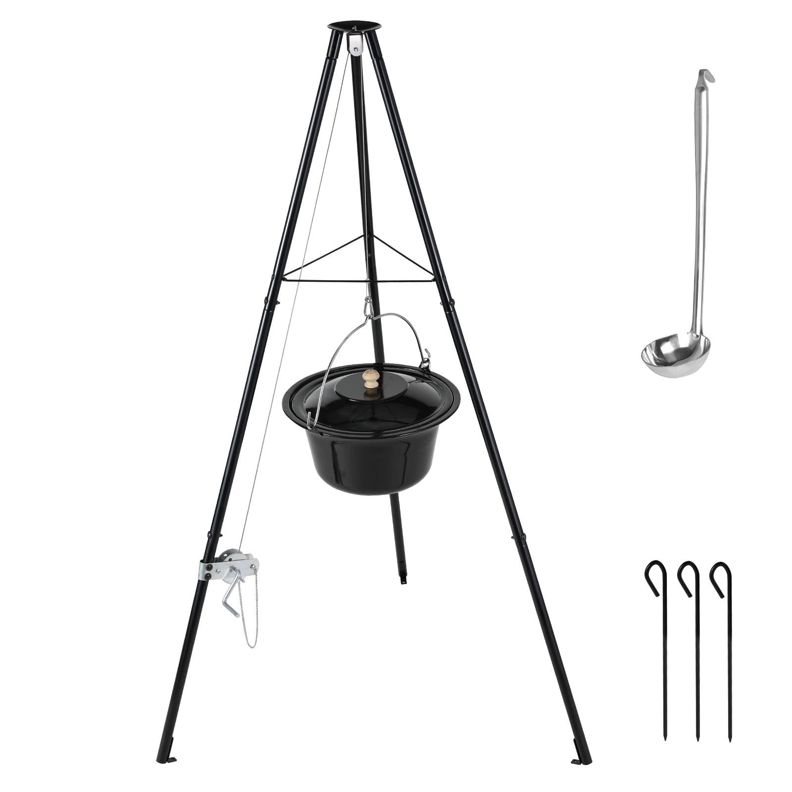 TLSUNNY Bollitore per Gulasch Ungherese Originale 10 L, Telaio per Treppiede con Regolazione, Set di Pentole per Gulasch, Pentola per Gulasch Smaltata, Treppiede Telescopico con Picchetti per Picnic