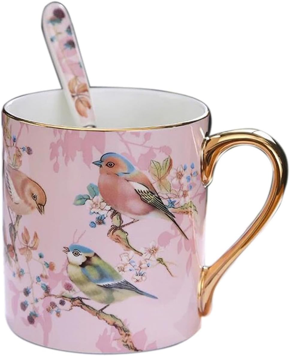 Bone China Porcelain Tea Cup Coffee Mug for Home Kitchen Office - Birds Patterns (Pink)