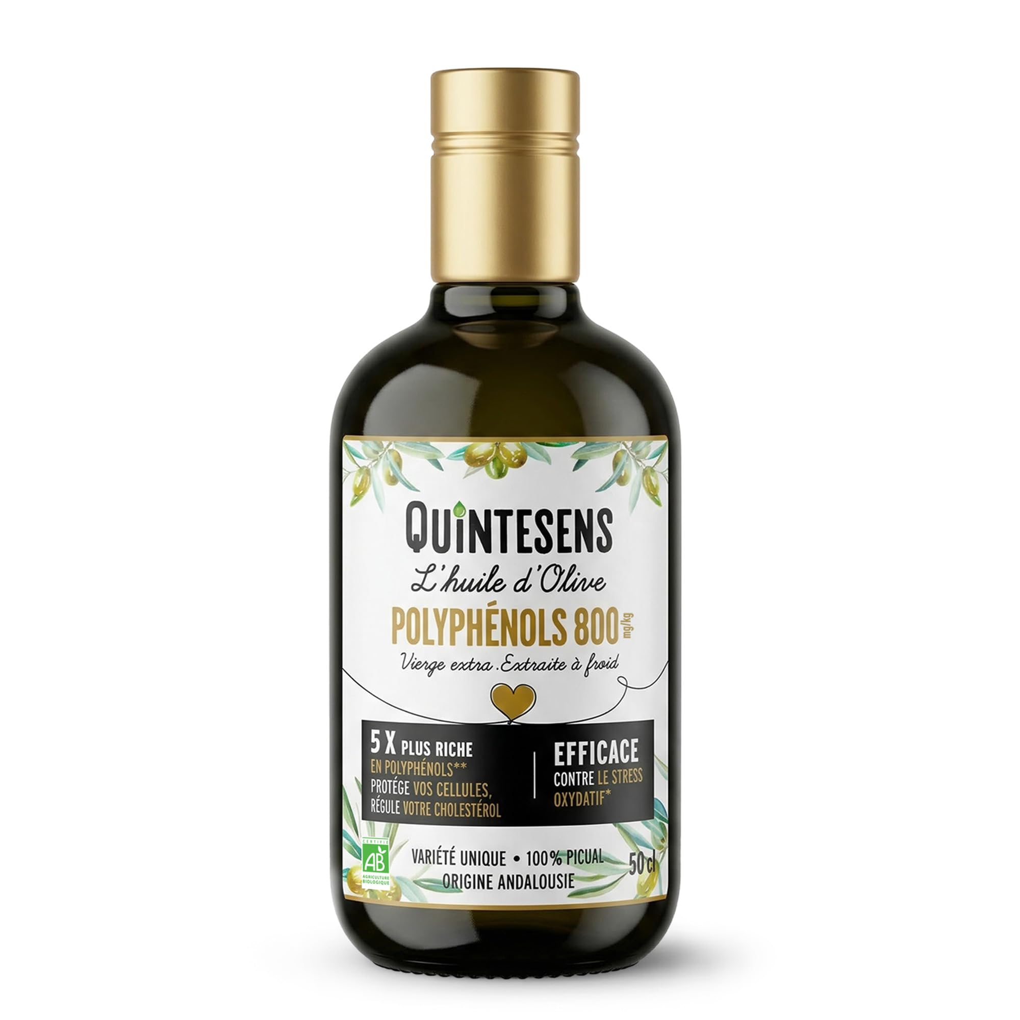 Huile d'Olive Extra Vierge Polyphénols QUINTESENS 500 ml – Santé Cardiovasculaire & Antioxydant Puissant – 880 mg/kg de Polyphénols – Pressée à Froid en 24h – 100% Bio – Origine Andalousie