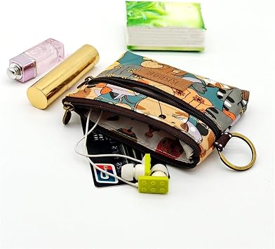 Small Wallet for Women Men Coin Purse Change Holder Zipper Nylon Coin Purse with Keychain (Bear Black)