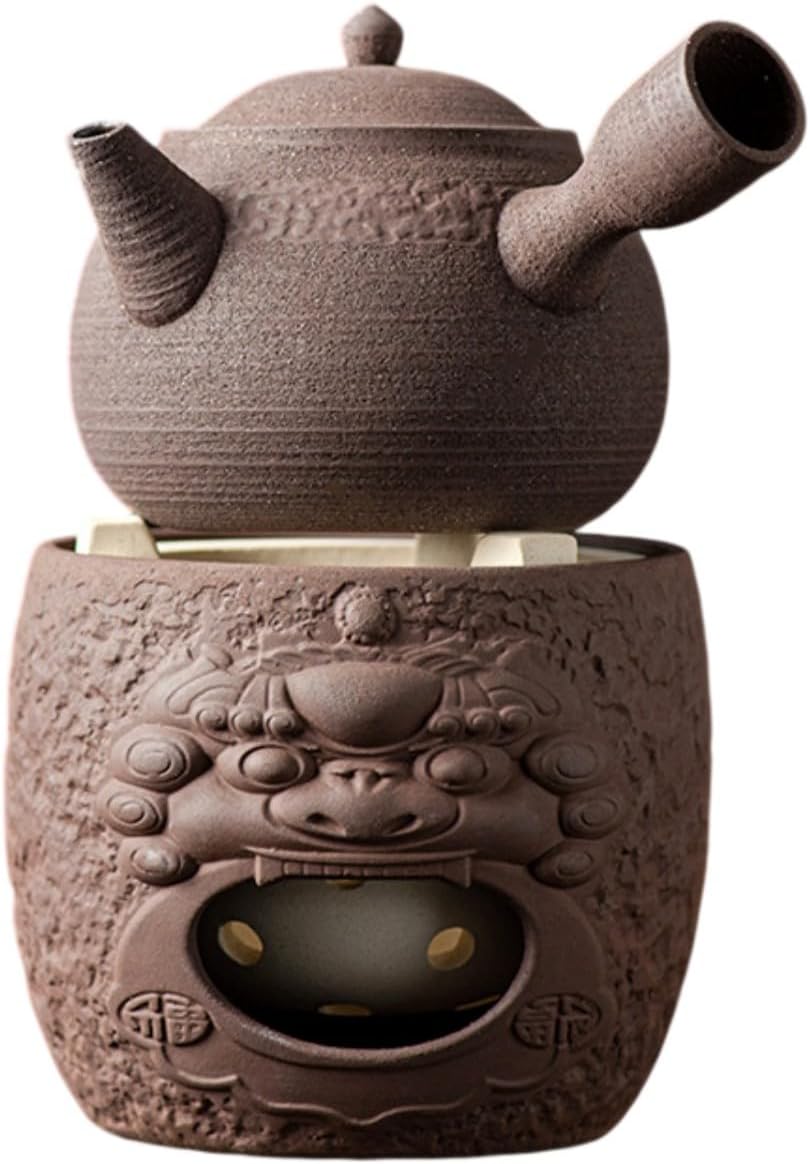 围炉煮茶岩泥手作炭烧温茶炉烤茶炉大容 Ceramic Kung Fu Tea Set,teapot,Teacups,warming Wedding Birthday Gift,Tea Tray Chinese,Dishwasher Safe 仿古陶-得意侧把壶+瑞兽貔貅碳炉