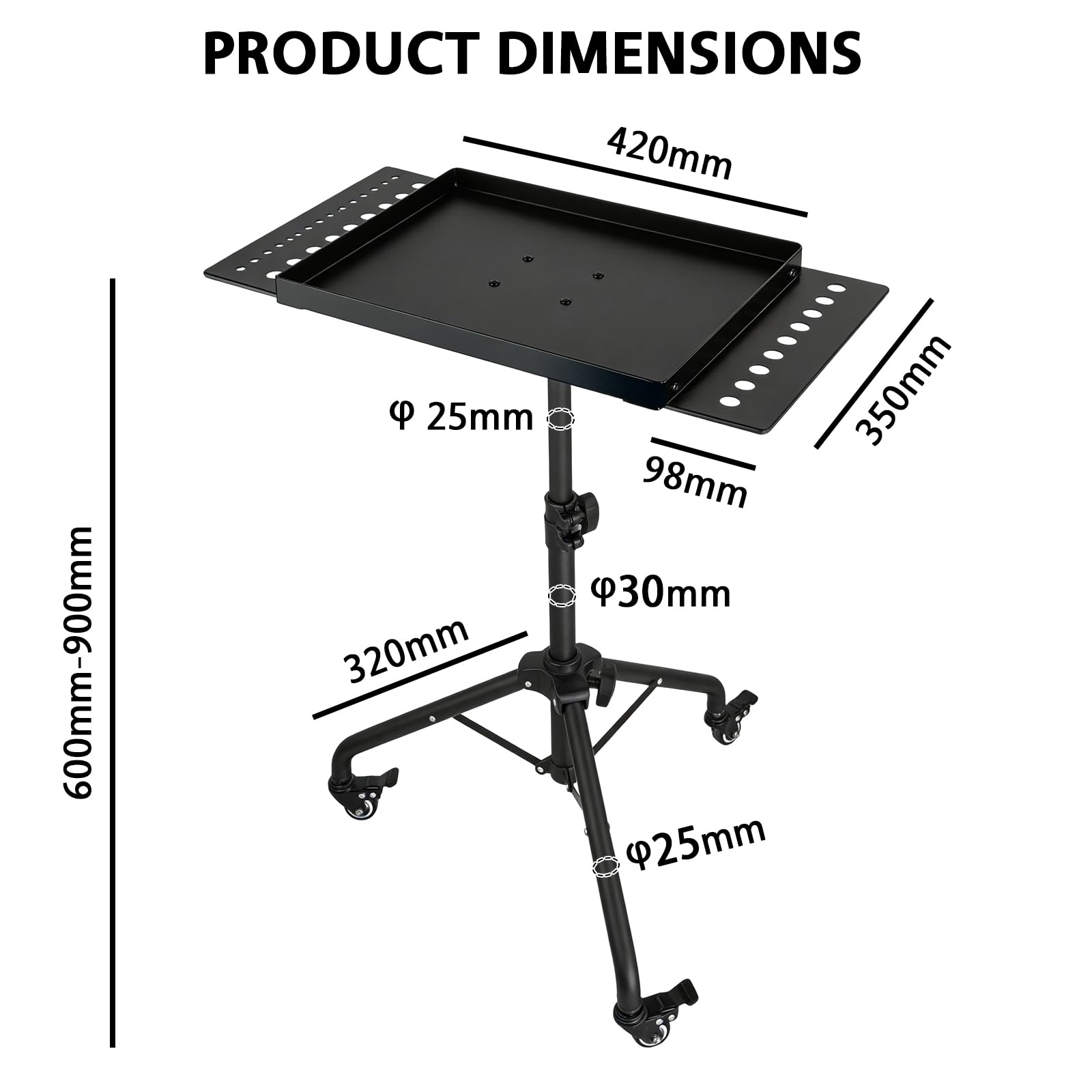 Banco de trabajo móvil, mesa de herramientas con ruedas, altura ajustable 60 – 90 cm, carro de herramientas móvil con bandeja de metal y 2 soportes para herramientas, bandeja de herramientas para