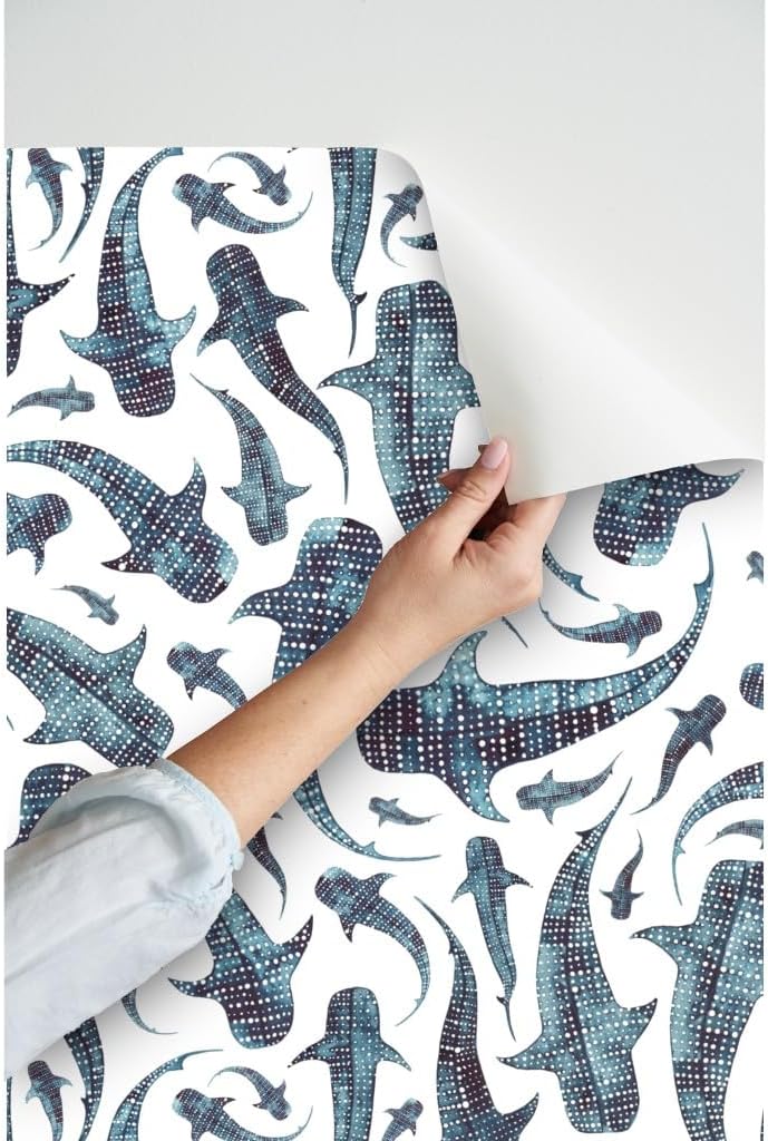 Peel & Stick Wallpaper 3ft x 2ft - Whale Shark Blue Animal Swimming Navy Sea Ocean Custom Removable Wallpaper by Spoonflower