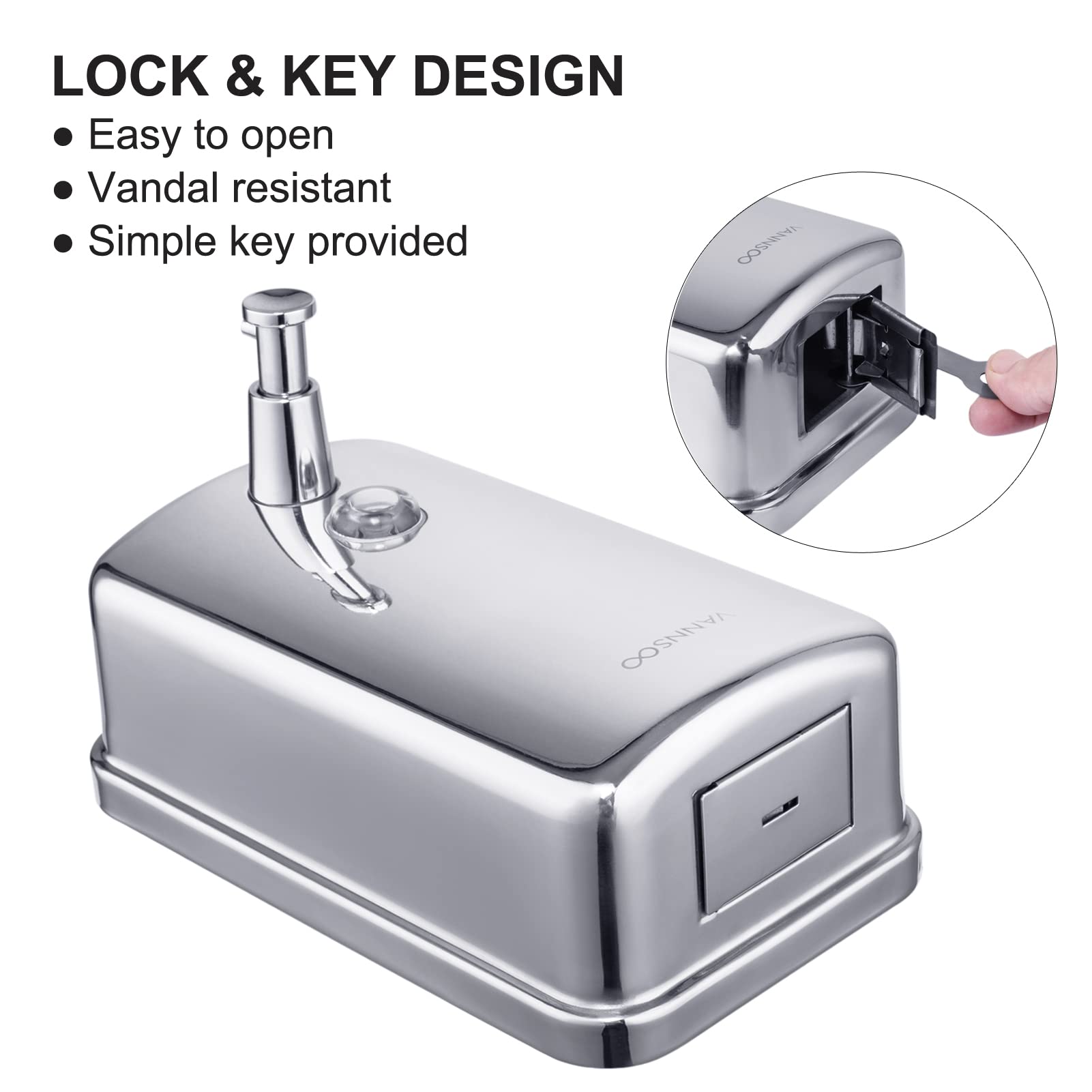 Dispensador de jabón comercial de acero inoxidable para montaje en pared, 37 onzas líquidas | Bomba de líquido manual de 1100 ml, a prueba de óxido, sin fugas para baño