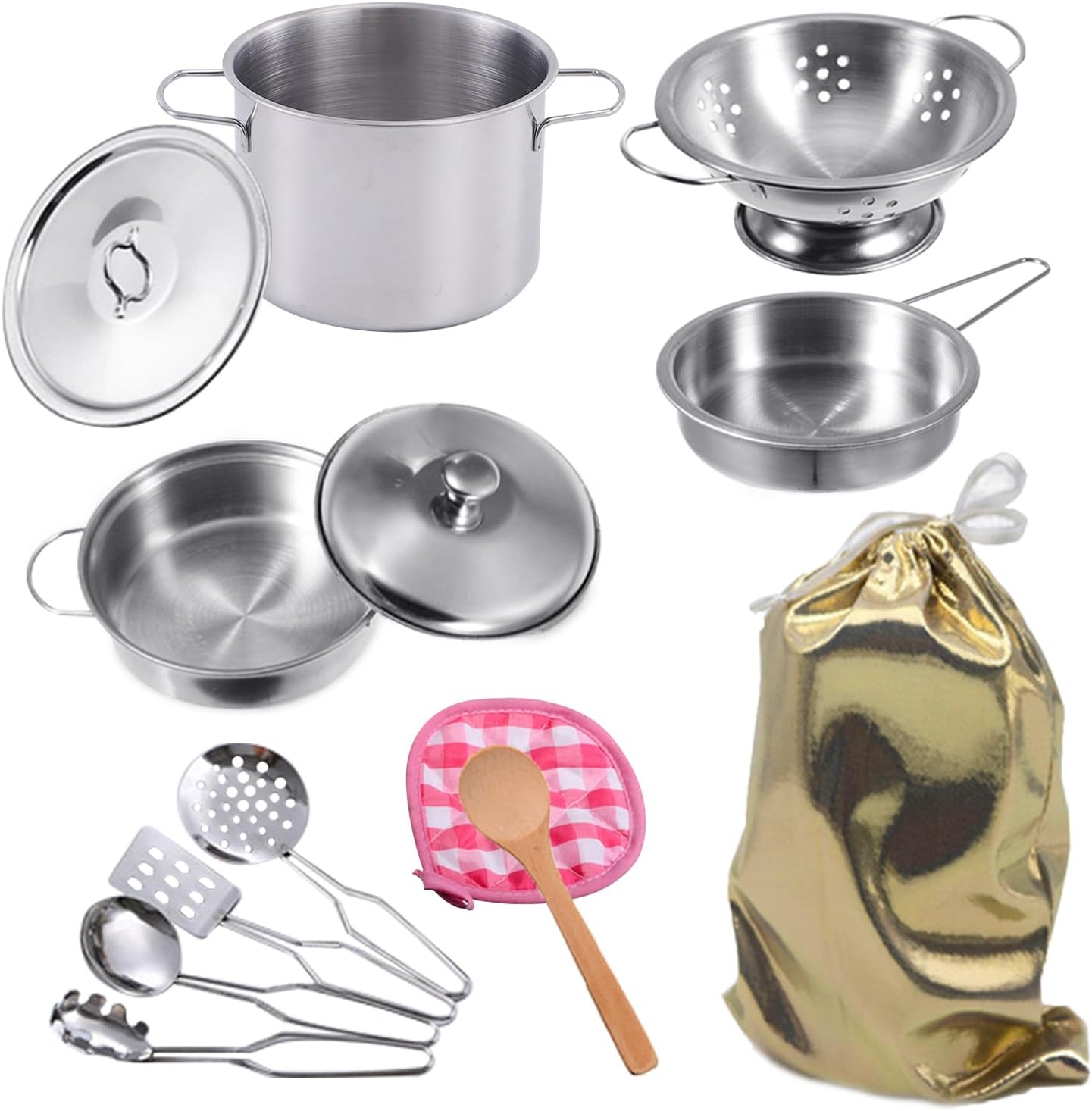 Stainless Steel Pretend Cooking Utensils Cookware Set,Mini Play Kitchen Accessories,Play Pots and Pans Toys Packed in a golden cloth bag for Kids Toddlers