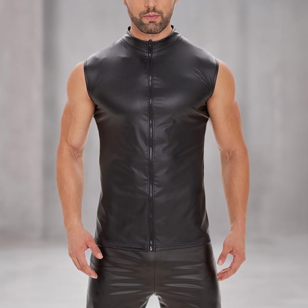 xokesy Men Sexy Leather Tank Top, Soft Matte, Plus Size